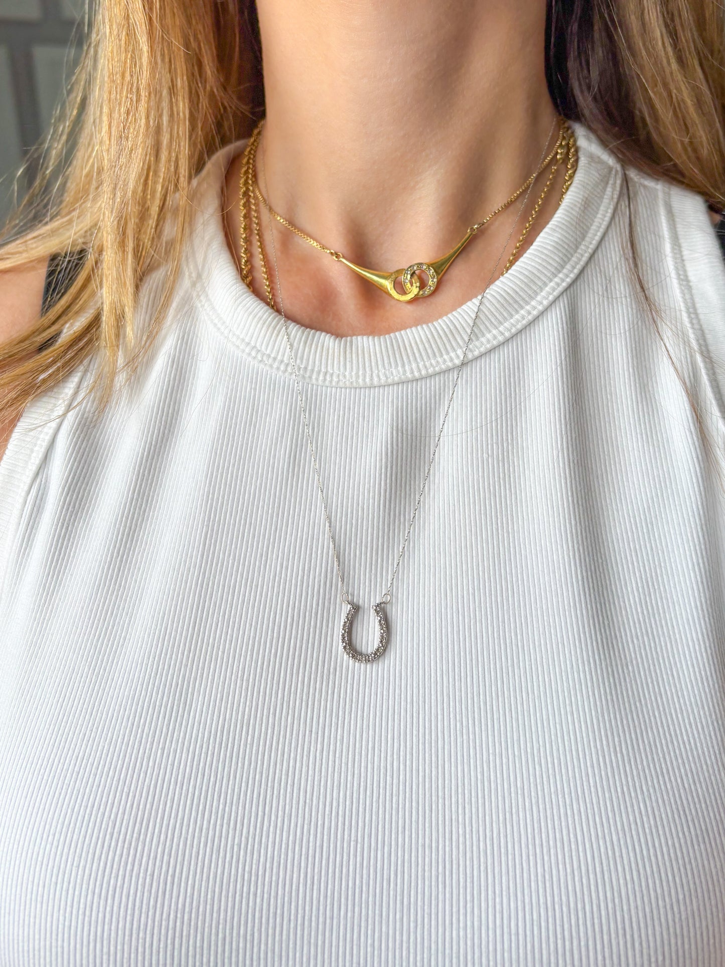 Vintage Natural Diamond Horseshoe Charm 14k White Gold with 20 Inch Chain