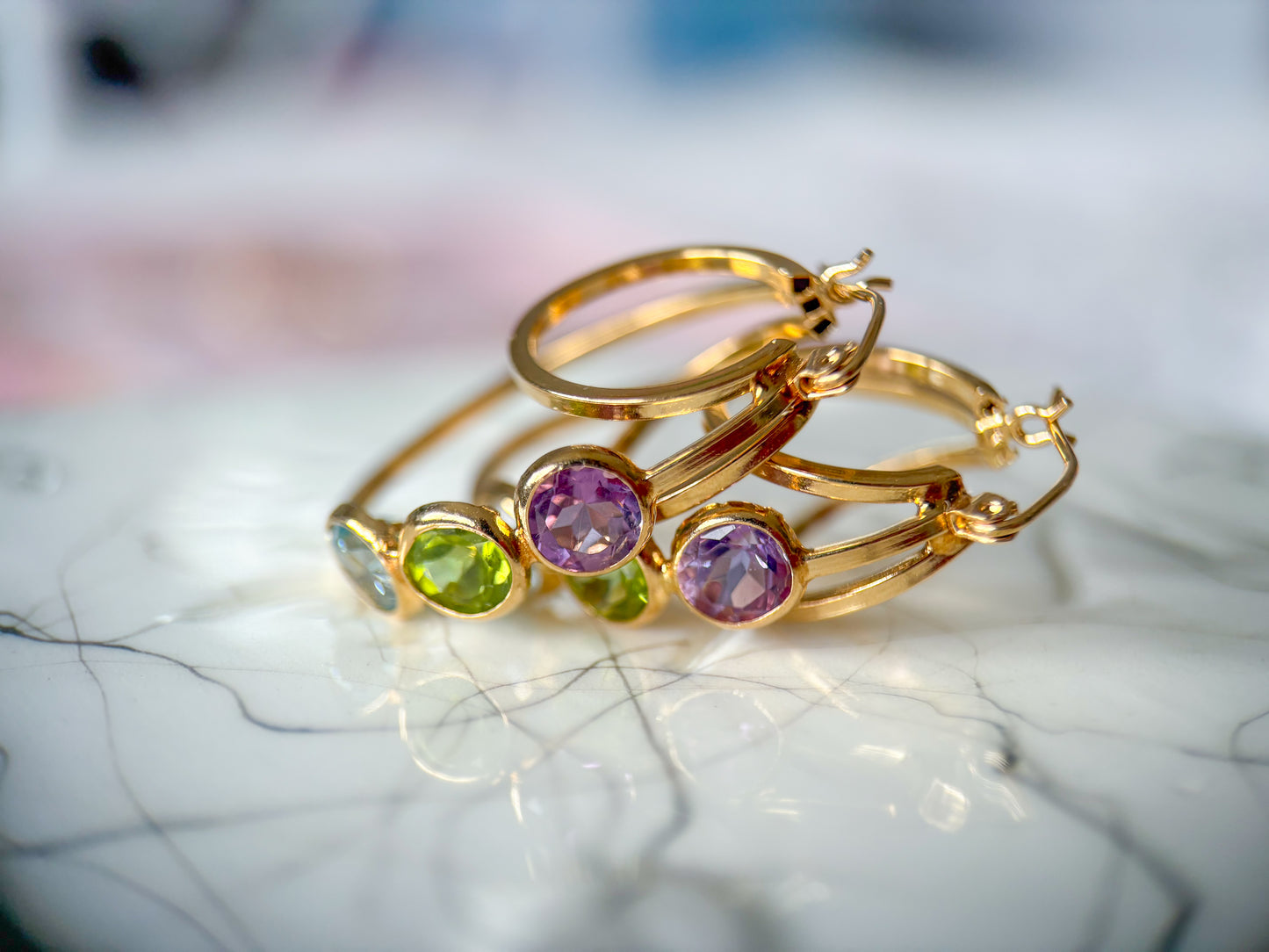 Vintage 3 Stone CZ 14k Yellow Gold Triple Hoop Earrings