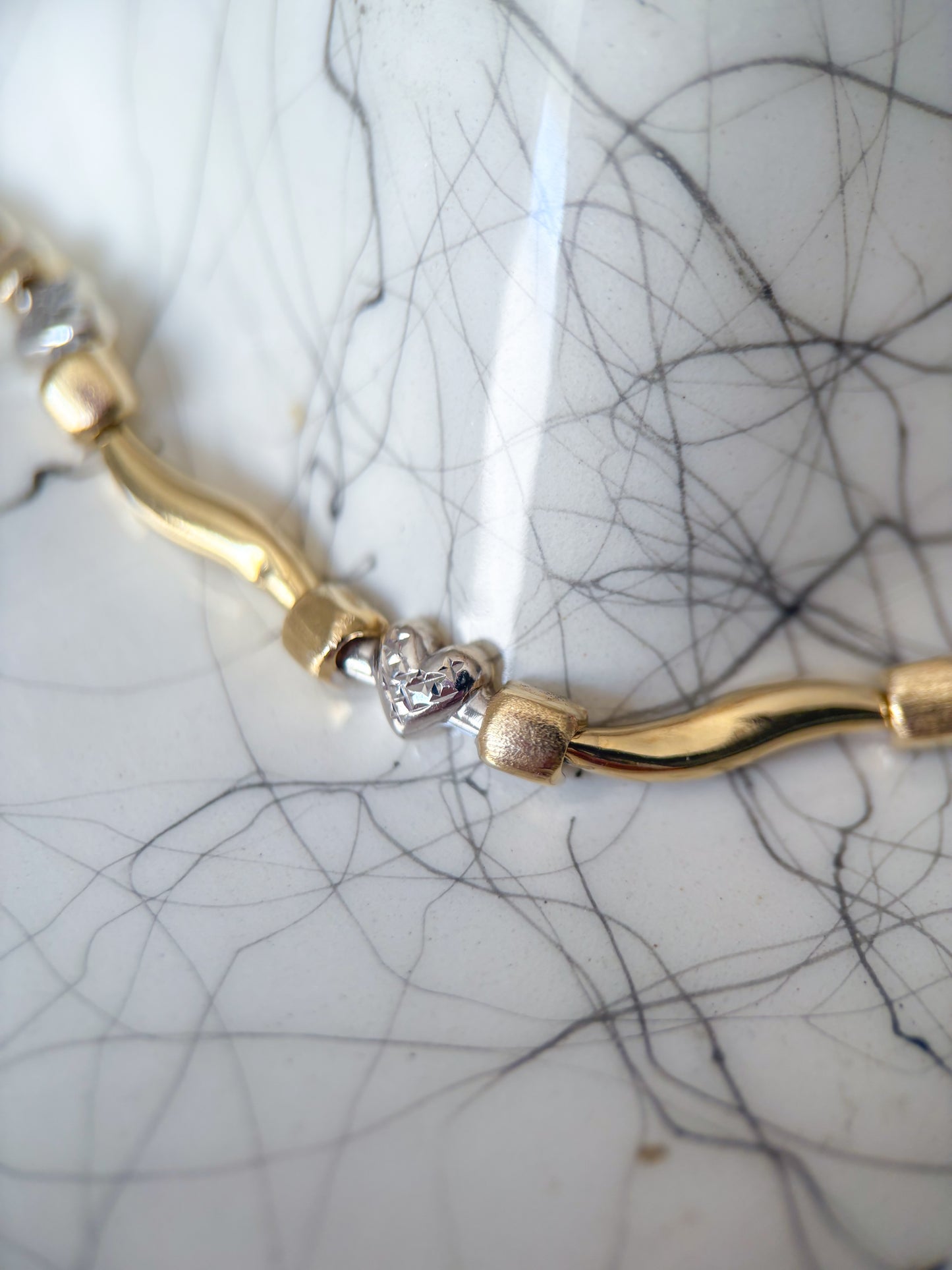 Vintage Two Toned 10k White and Yellow Gold 7 Inch Heart Bracelet