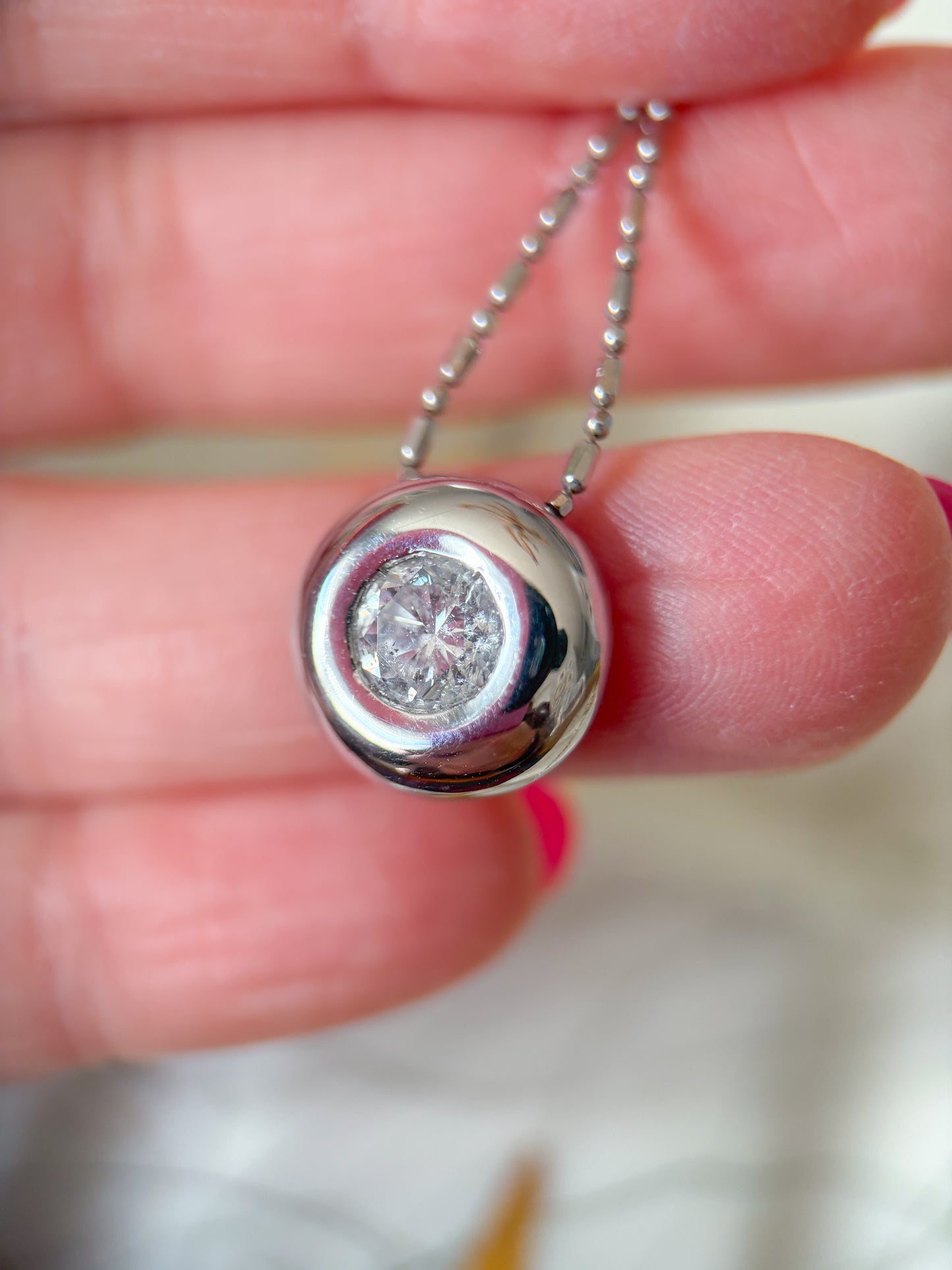 Vintage Bezel Set Natural Diamond Pendant 14k White Gold Charm with Ball Chain