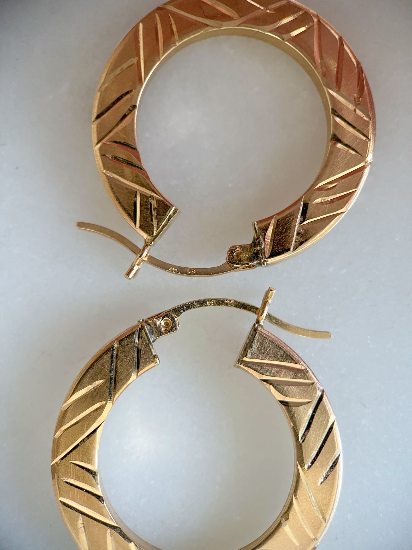 Vintage Large Flat Etched 14k Yellow Gold Hoop Earrings