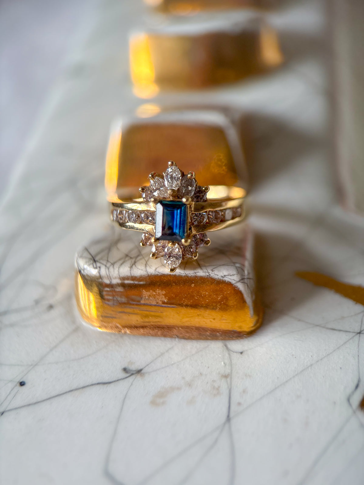 Vintage Emerald Shape Natural Sapphire and Diamond 14k Yellow Gold Ring