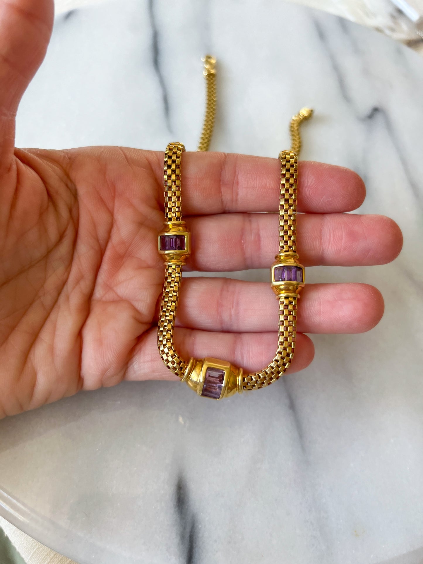 Vintage Panther Chain with Natural Amethyst Accents 14k Yellow Gold 17 Inch Necklace