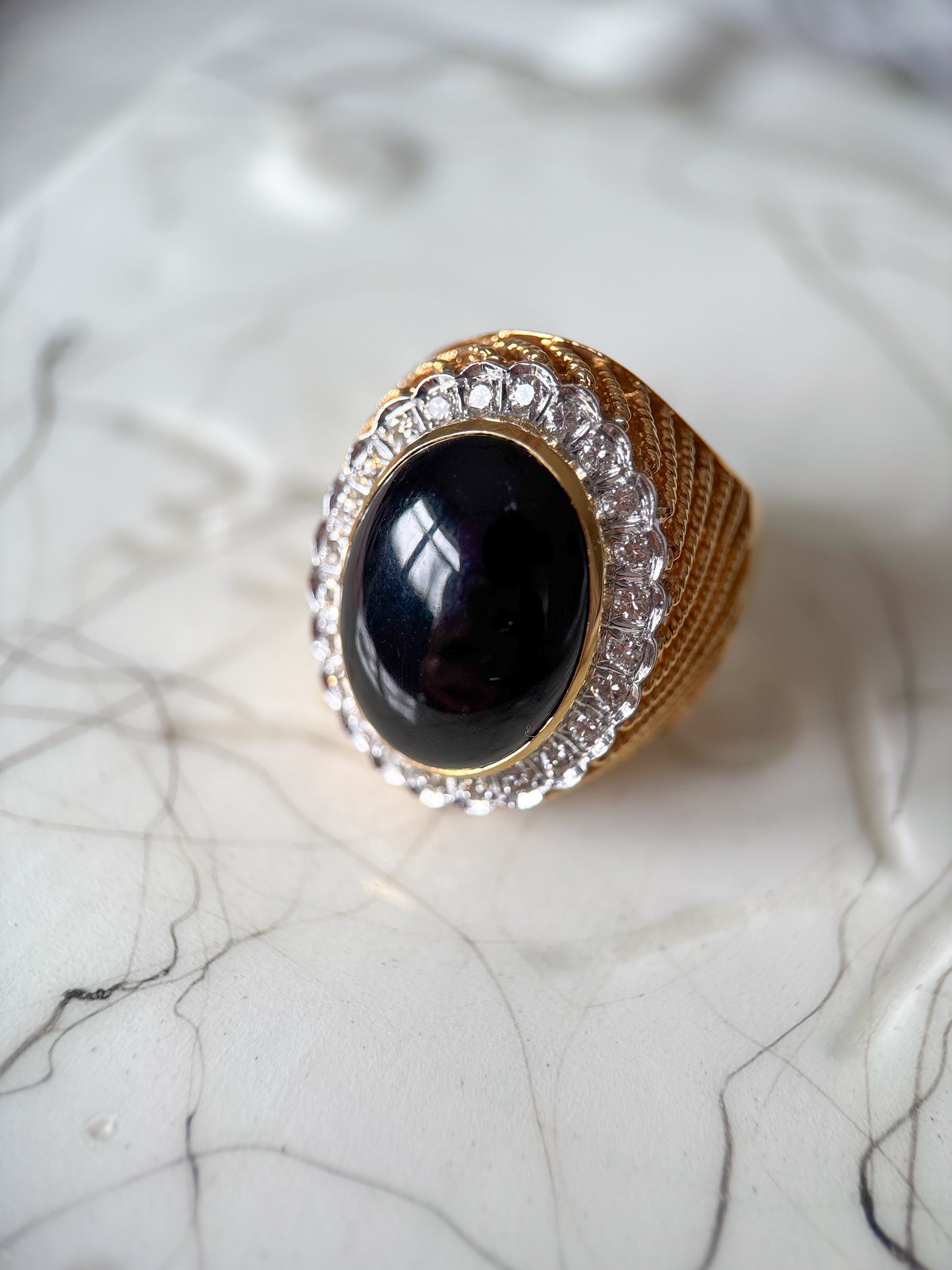 Vintage Onyx and Natural Diamond 18k Yellow Gold Statement Ring