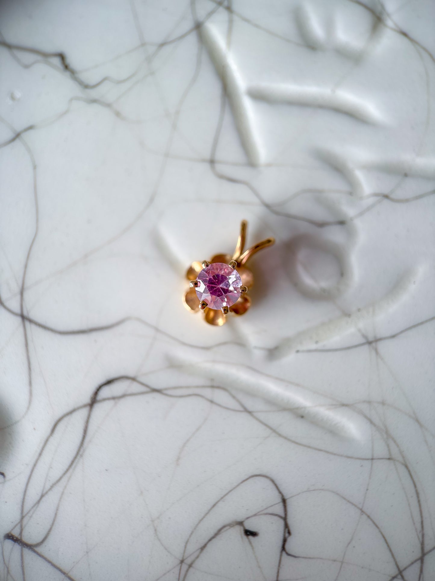 Vintage Pink Stone Flower 14k Yellow Gold Charm