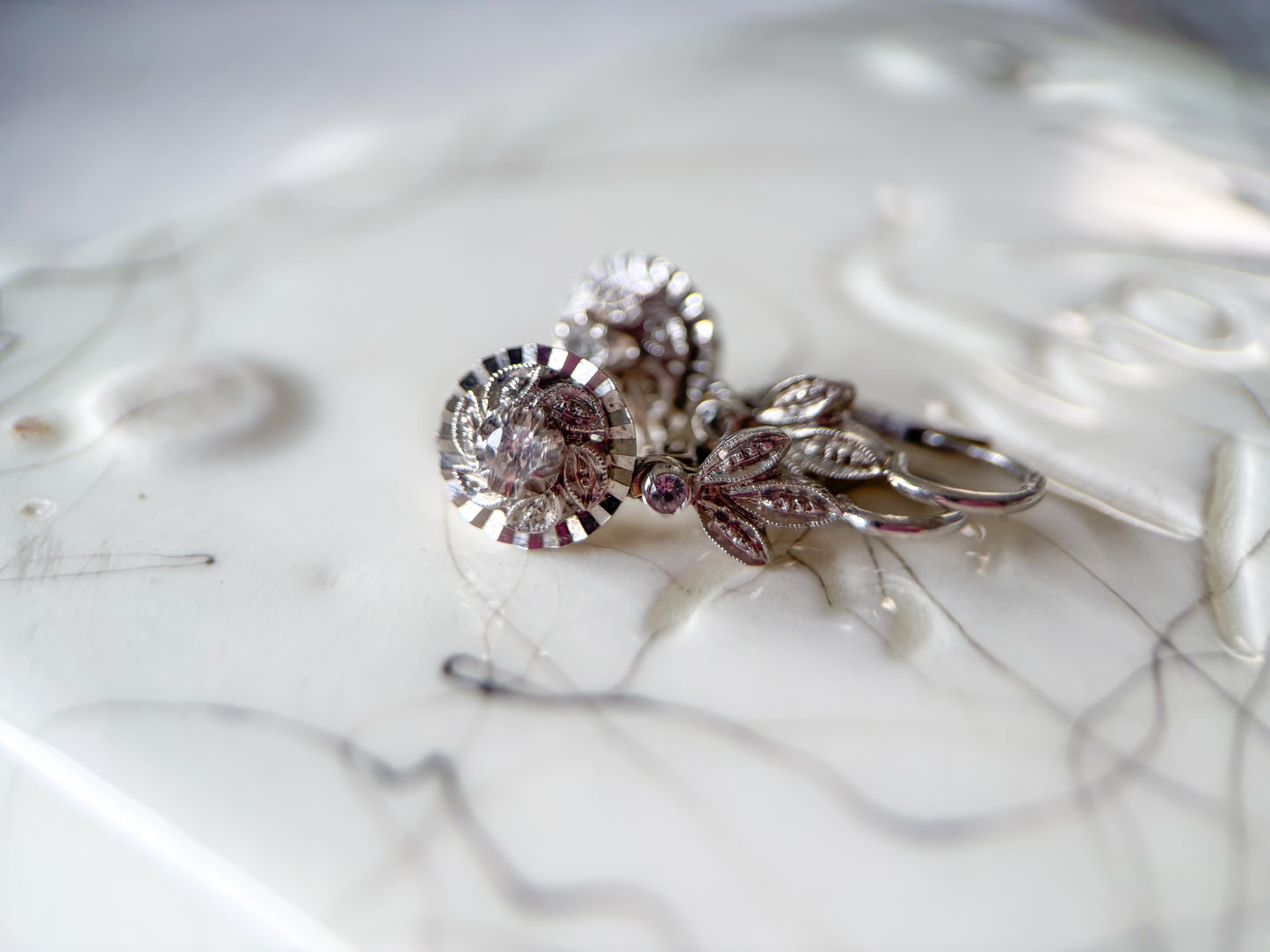 Vintage 18k White Gold Dangle Earrings with CZs