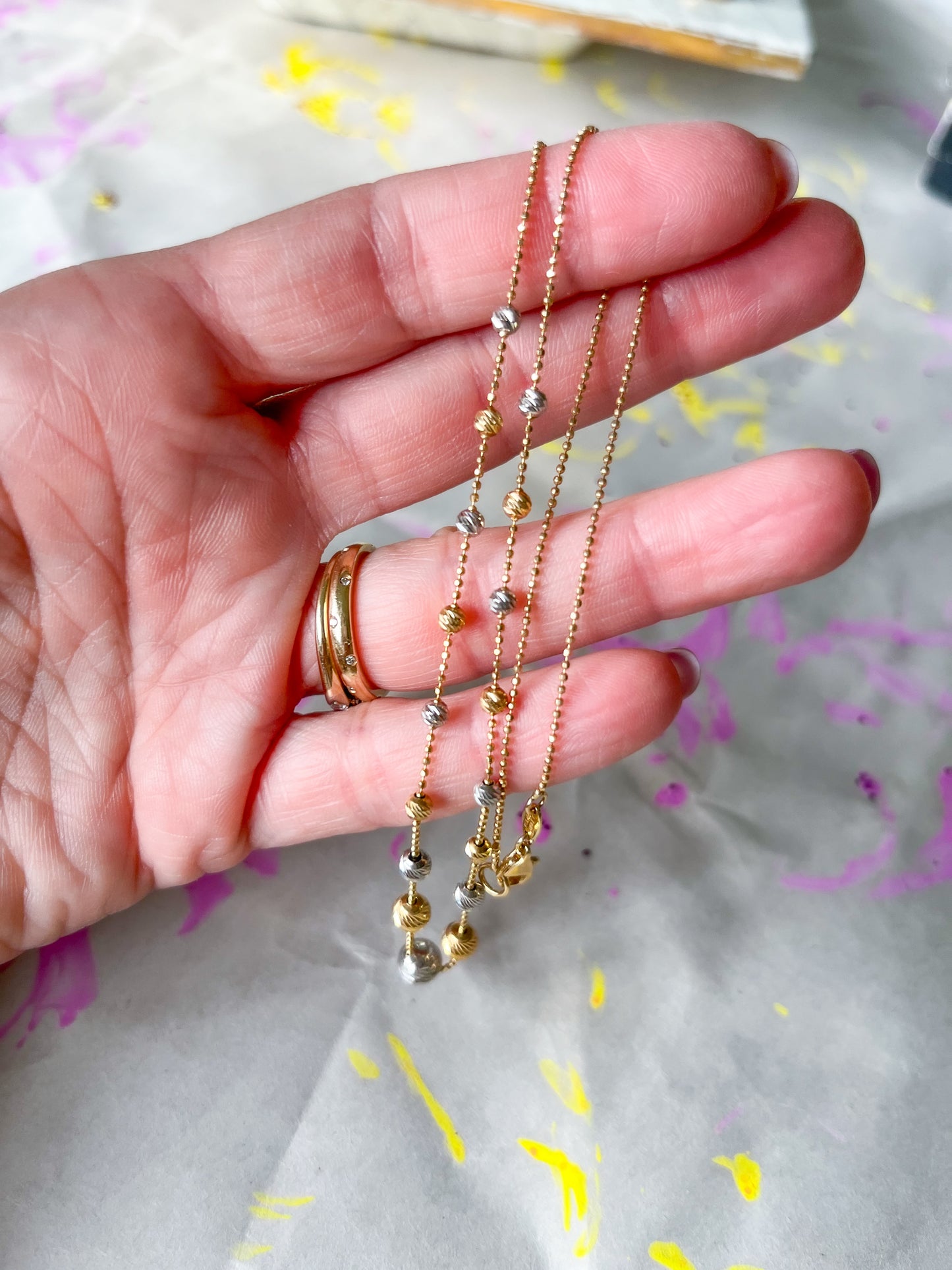 Vintage Two Toned Ball Chain with Two Toned Ball Accents 14k Yellow and White Gold Necklace