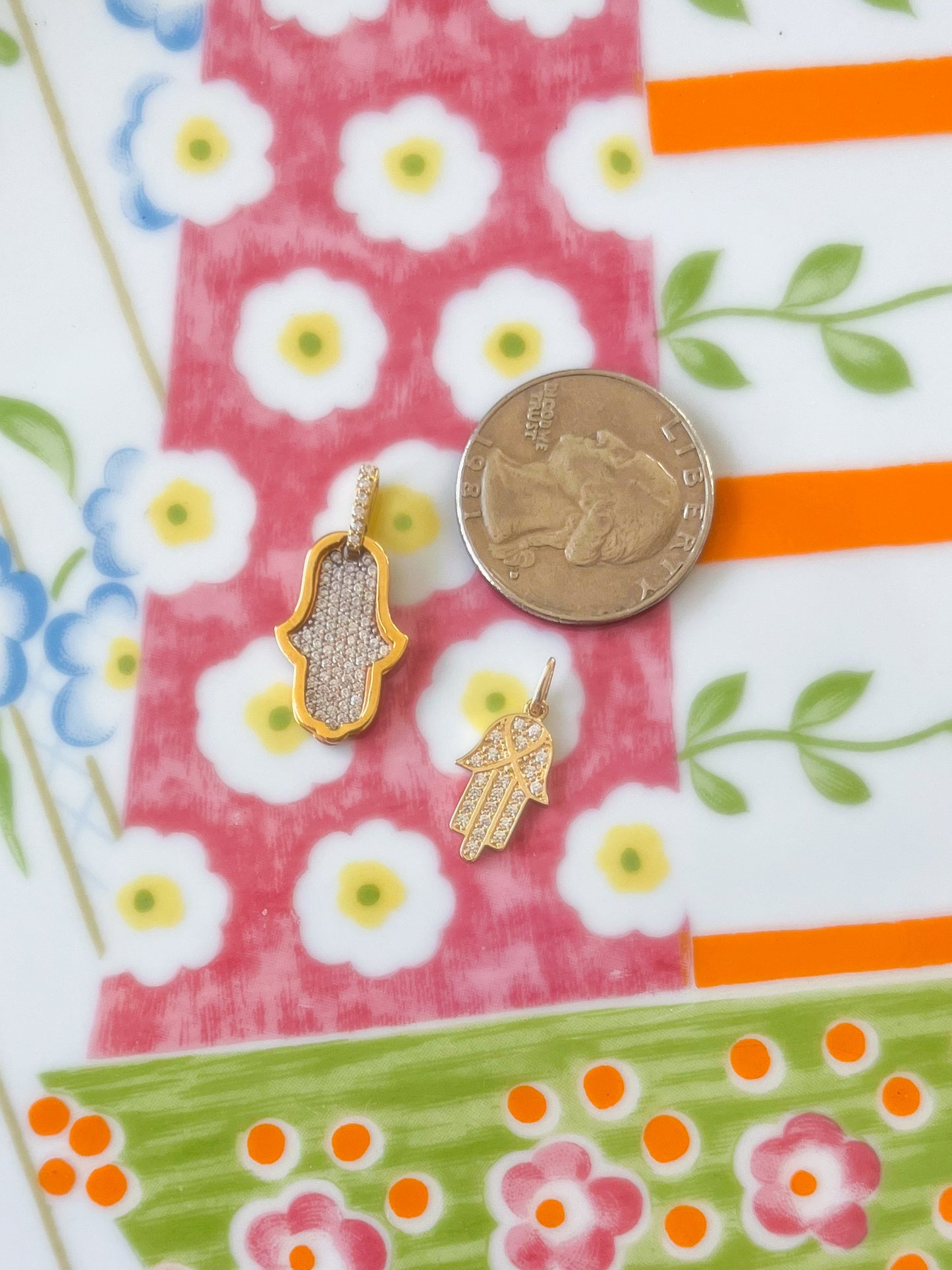 Two Sizes - Hamsa Charms with CZs 14k Yellow Gold Charms