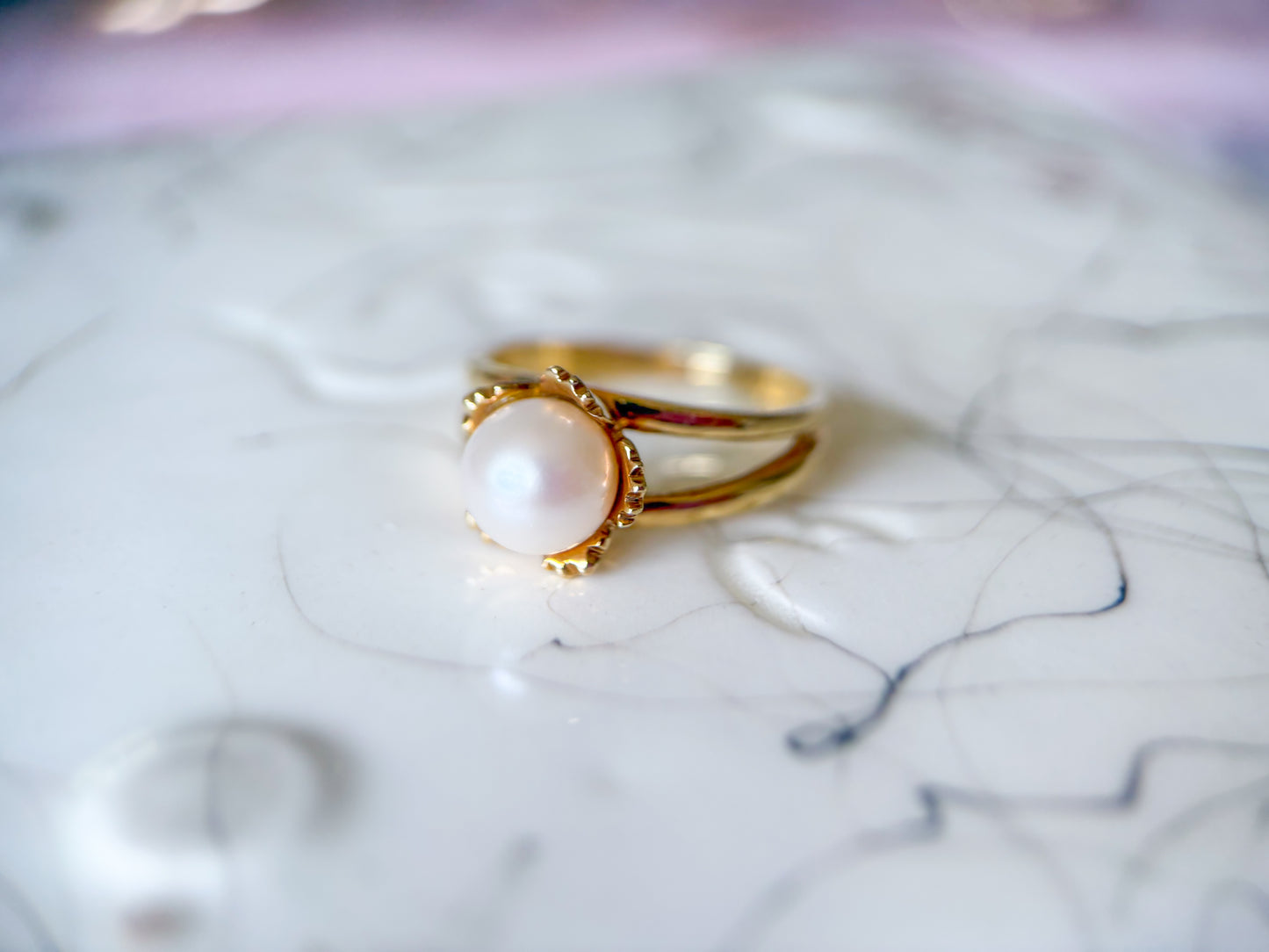 Vintage Natural Pearl 14k Yellow Gold Double Shank Ring