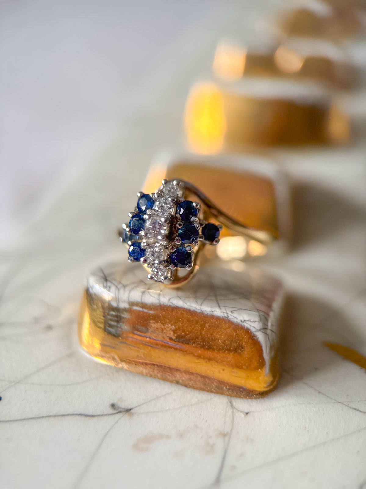 Vintage Natural Sapphire and Diamond Cluster 14k Yellow Gold Ring