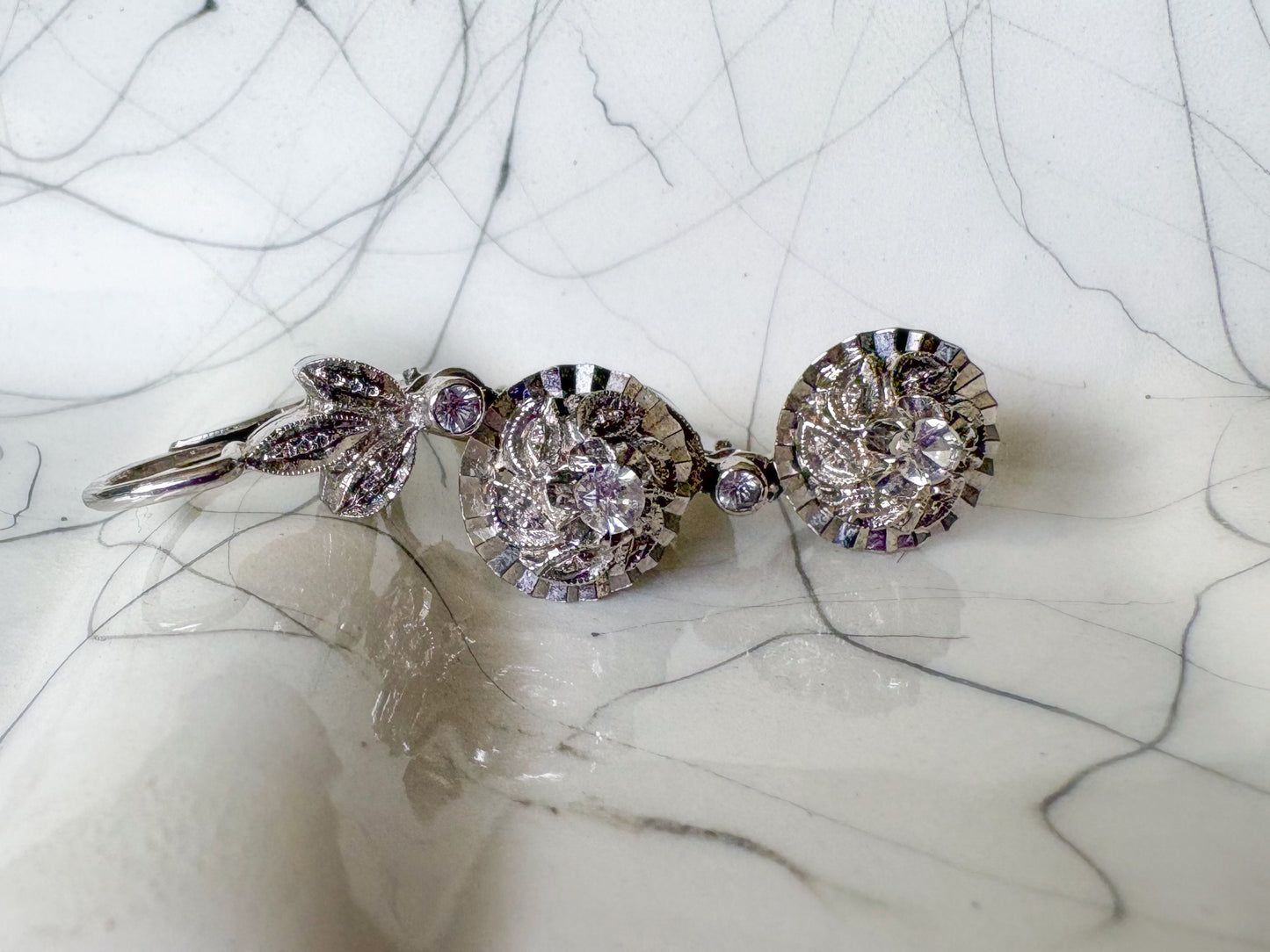 Vintage 18k White Gold Dangle Earrings with CZs