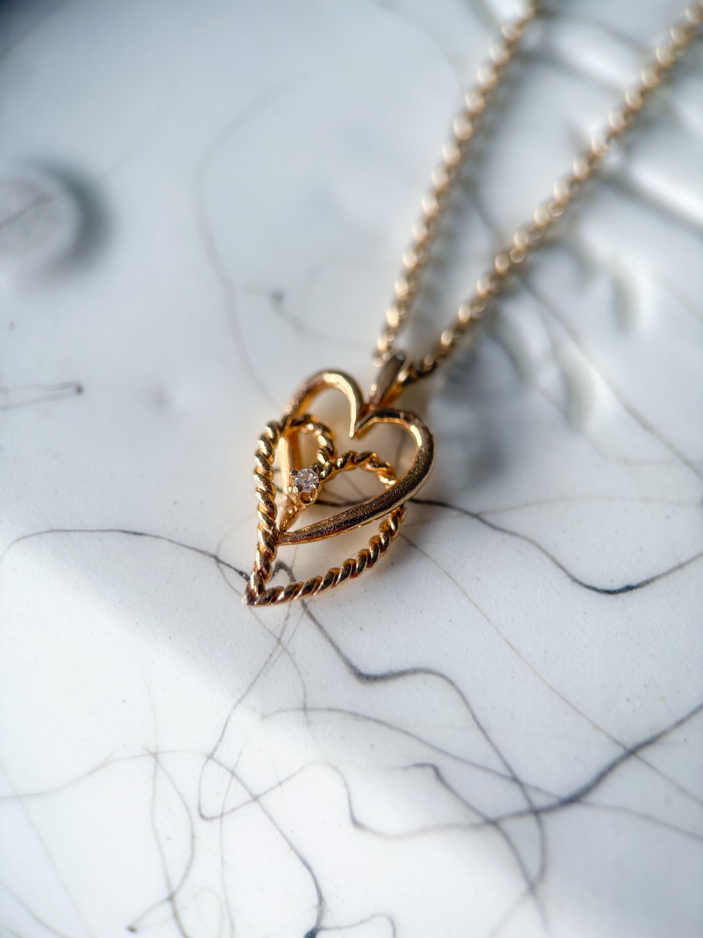 Vintage Intertwined Hearts with Natural Diamond 14k Yellow Gold Charm