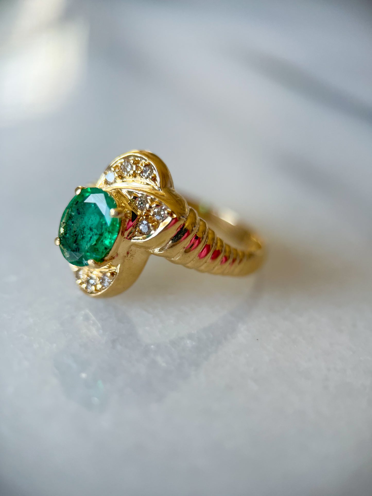 Vintage Natural Emerald and Diamond 14k Yellow Gold Ring