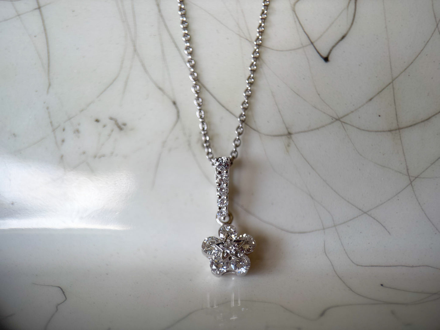Vintage Natural Diamond Flower 18k White Gold Charm with 17 Inch Chain
