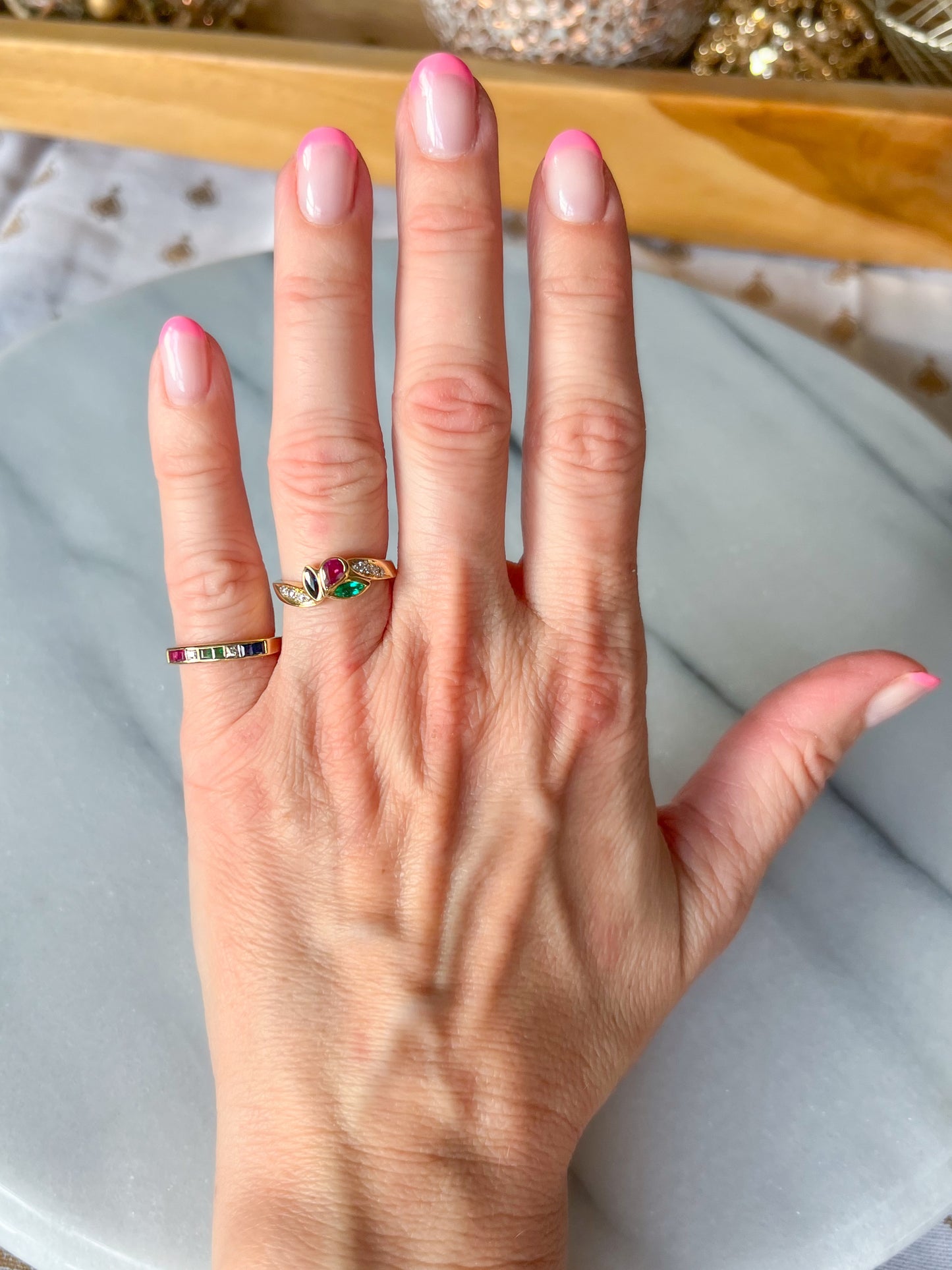 Vintage Natural Diamond, Ruby, Emerald and Sapphire 14k Yellow Gold Ring