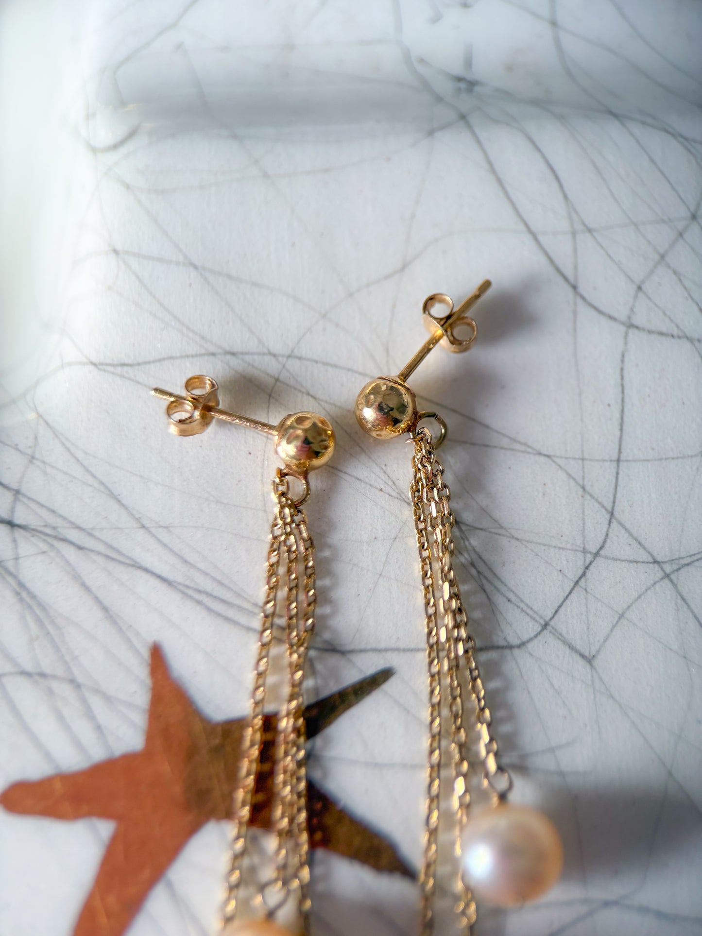 Vintage Pearl Dangle Stud 14k Yellow Gold Earrings
