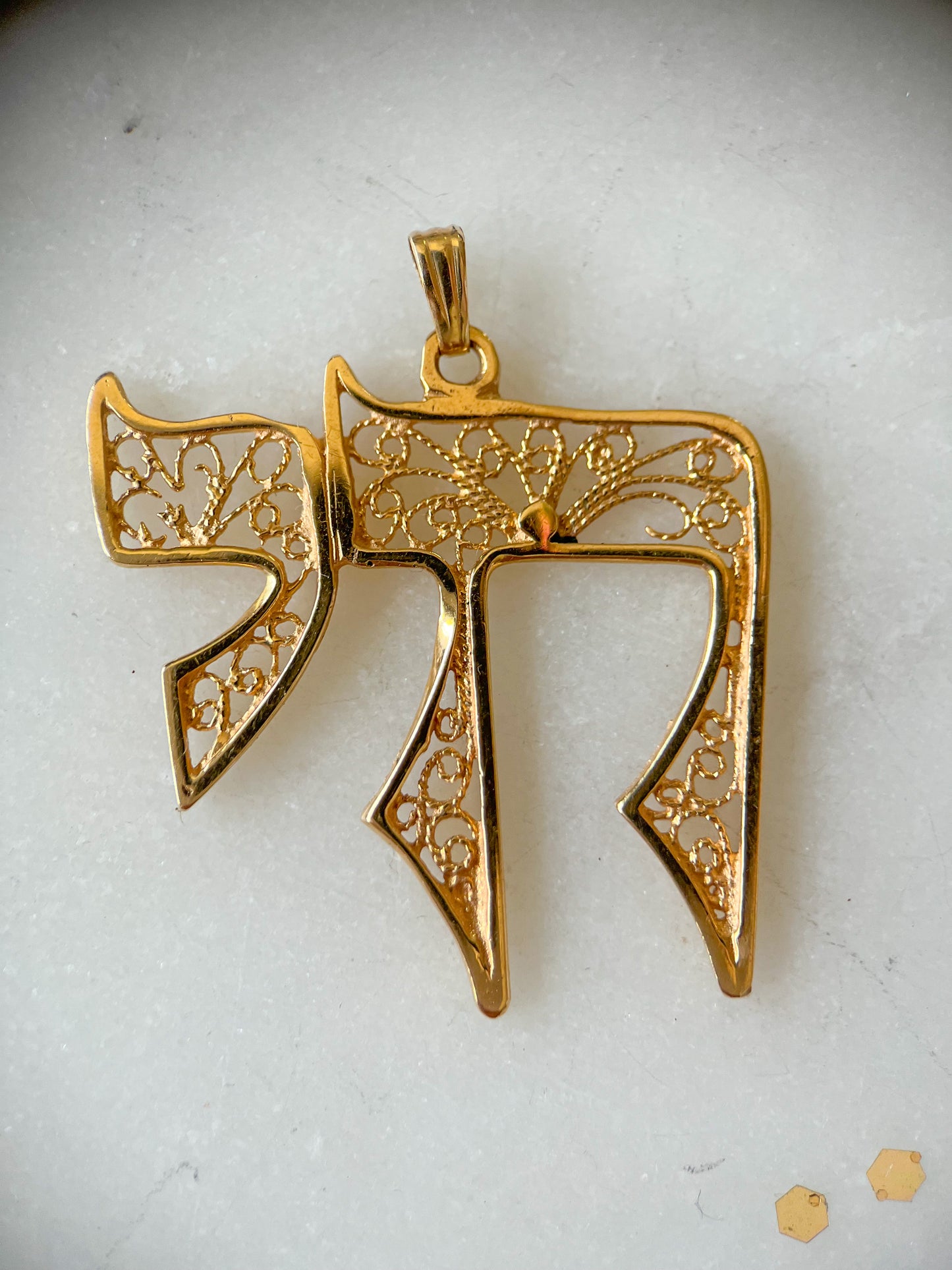 Vintage Large Filigree Chai 14k Yellow Gold Charm