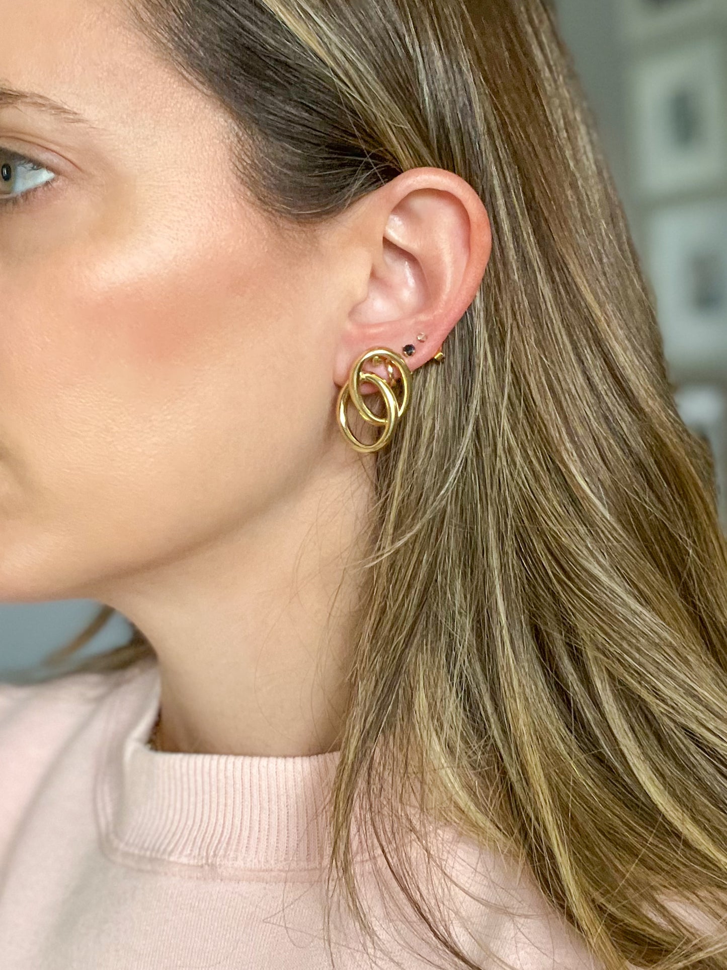 Vintage Double Ring Hoop 14k Yellow Gold Earrings