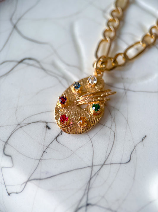 Vintage Painting Palette 14k Yellow Gold Charm with Synthetic Multicolored Stones