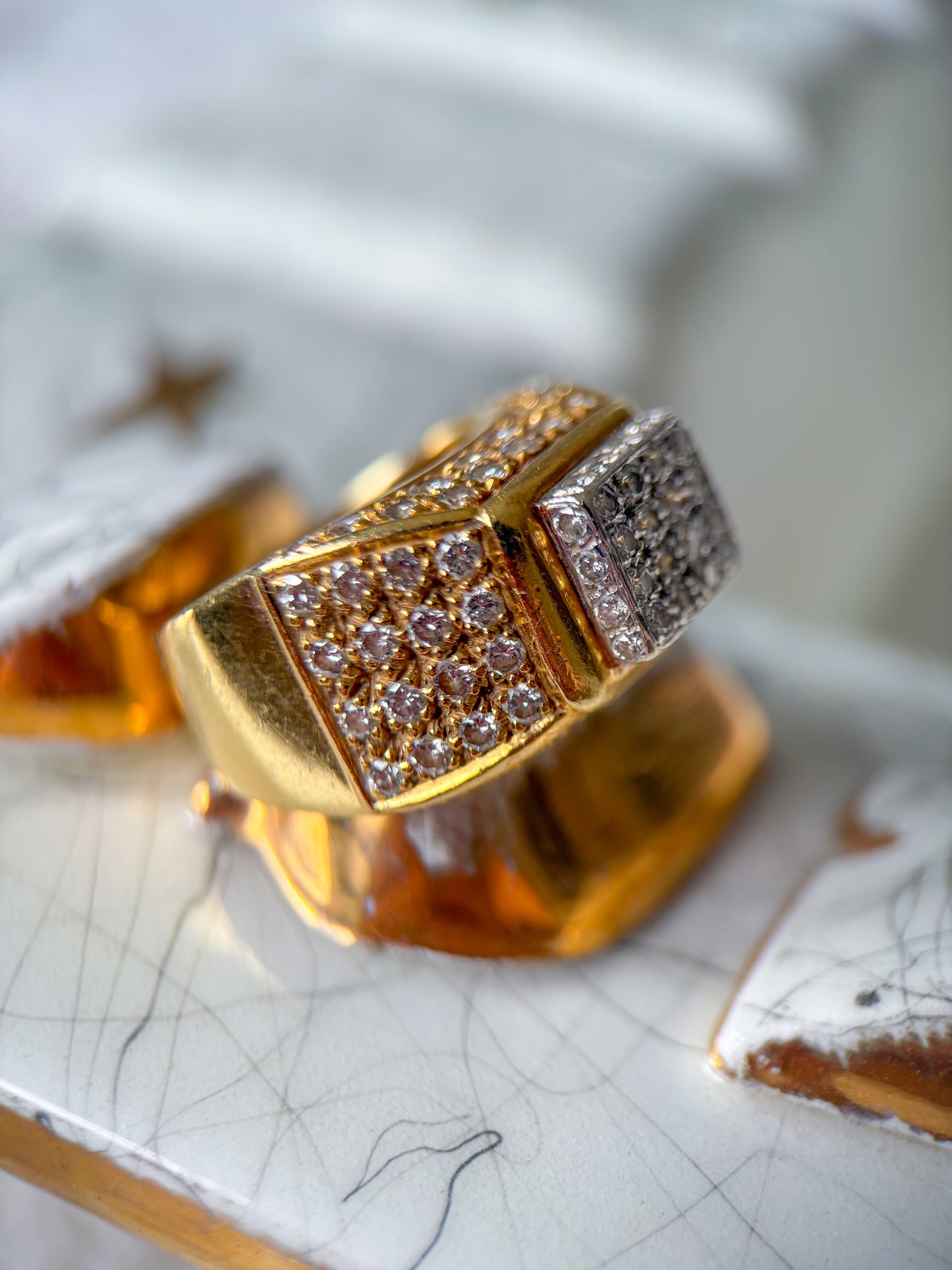 Vintage 18k Yellow Gold Natural Diamond Statement Ring, Circa 1960s