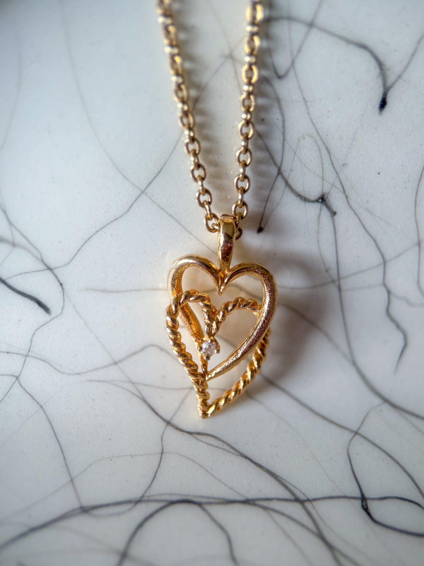 Vintage Intertwined Hearts with Natural Diamond 14k Yellow Gold Charm