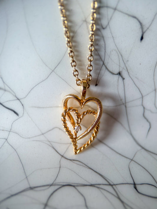 Vintage Intertwined Hearts with Natural Diamond 14k Yellow Gold Charm