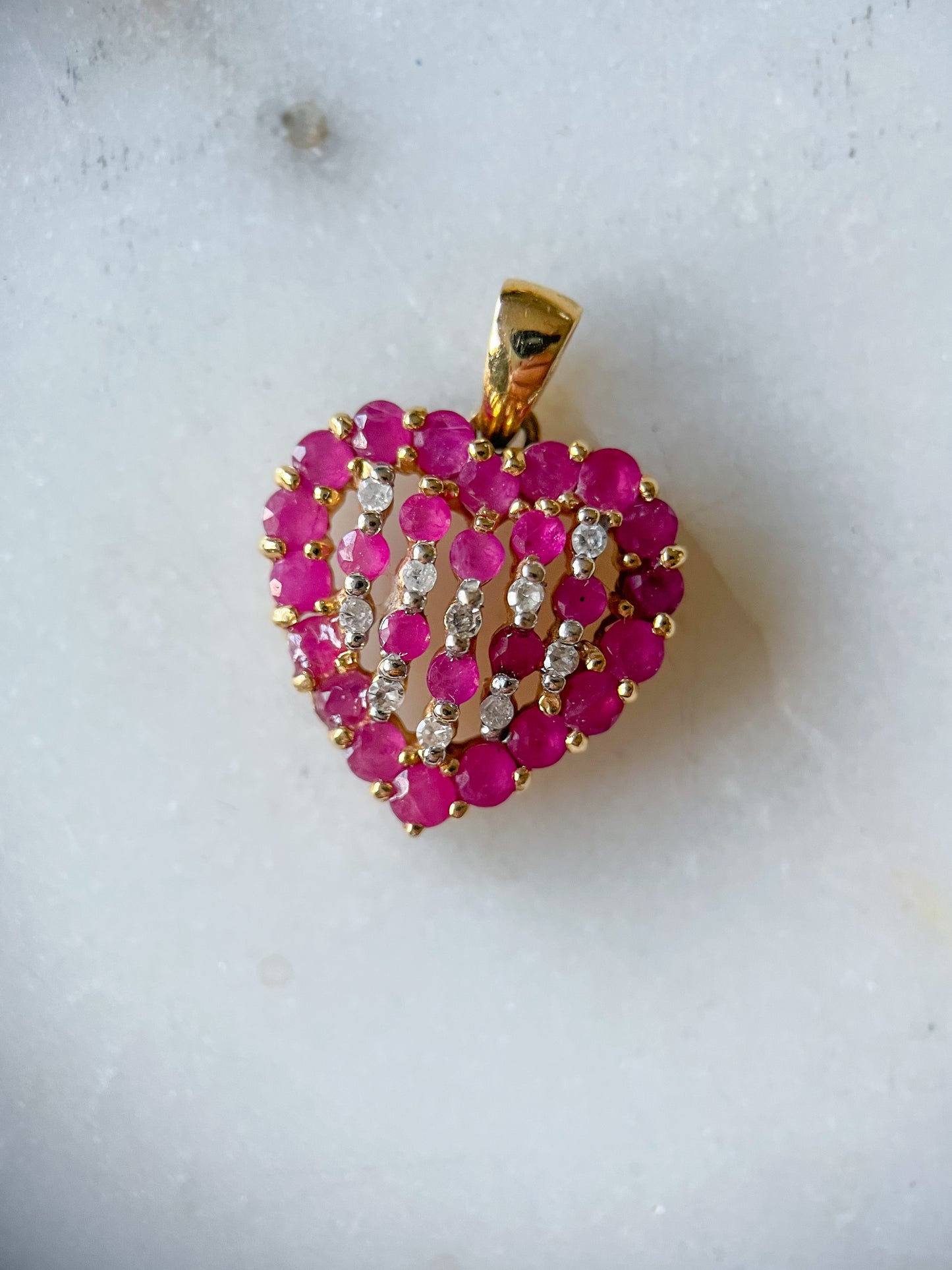 Vintage Natural Diamond and Natural Ruby Heart 14k Yellow Gold Charm