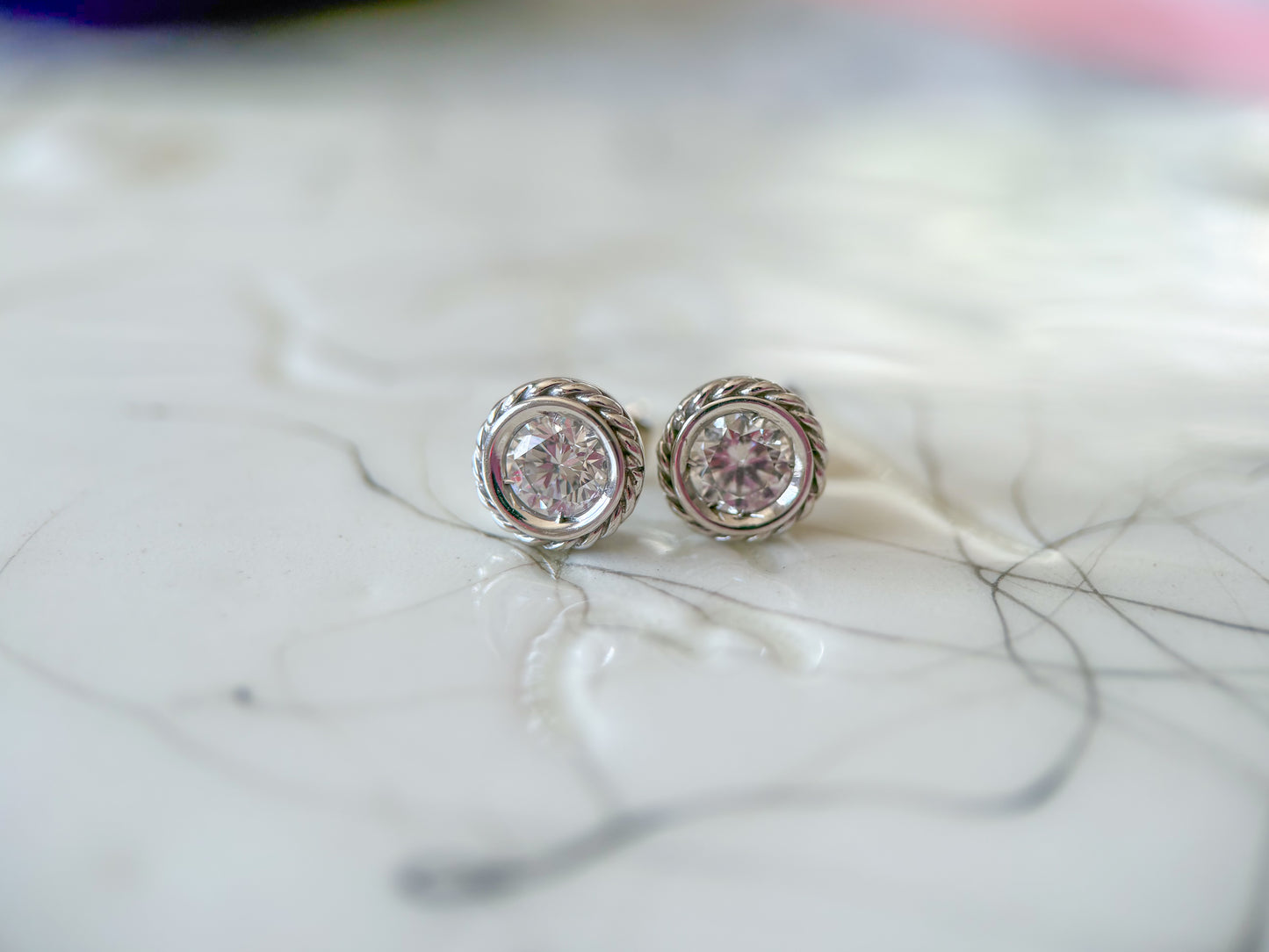Vintage Natural Diamond Rope 14k White Gold Stud Earrings