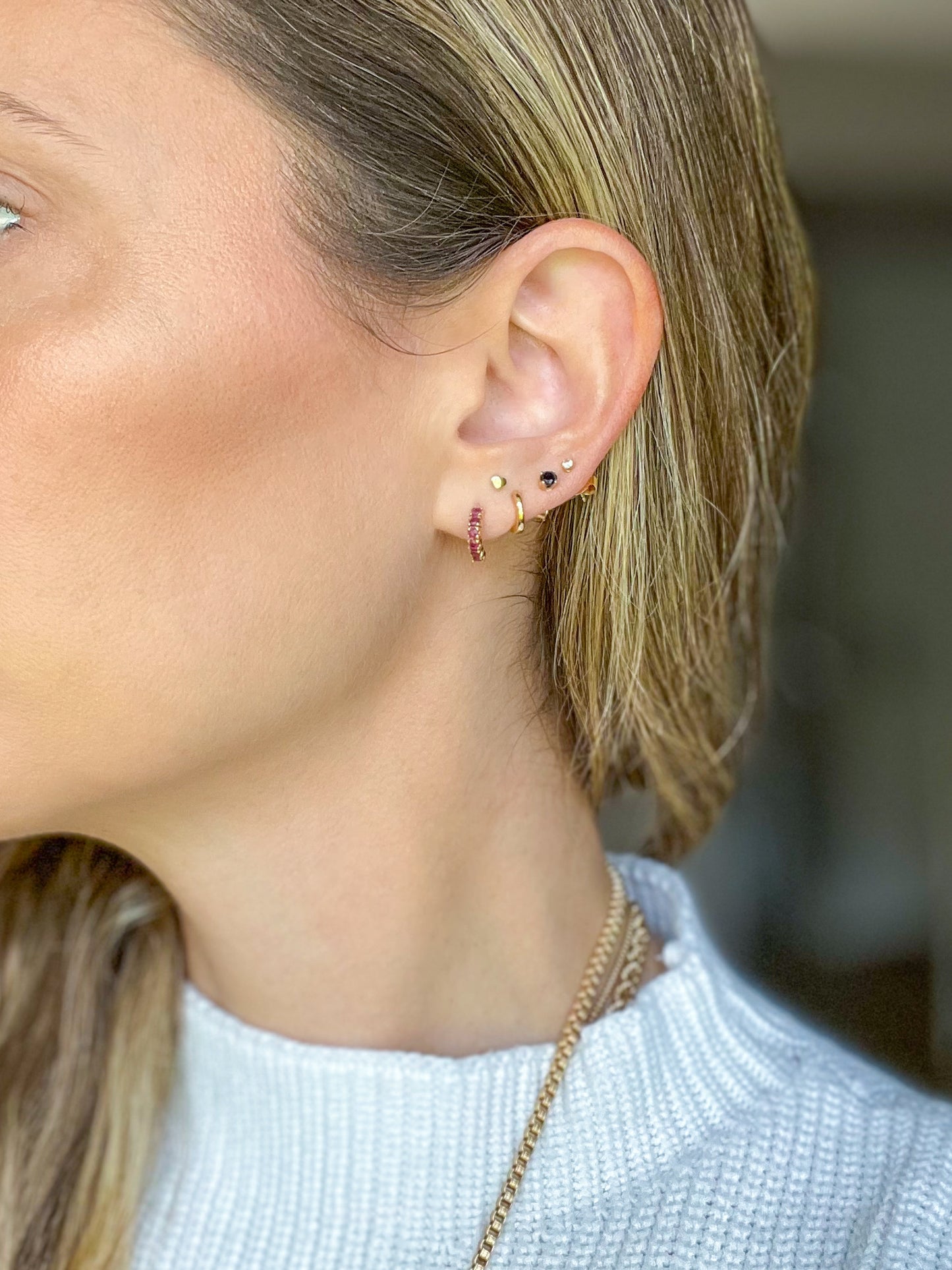 Vintage Half Hoop Natural Ruby 14k Yellow Gold Stud Earrings