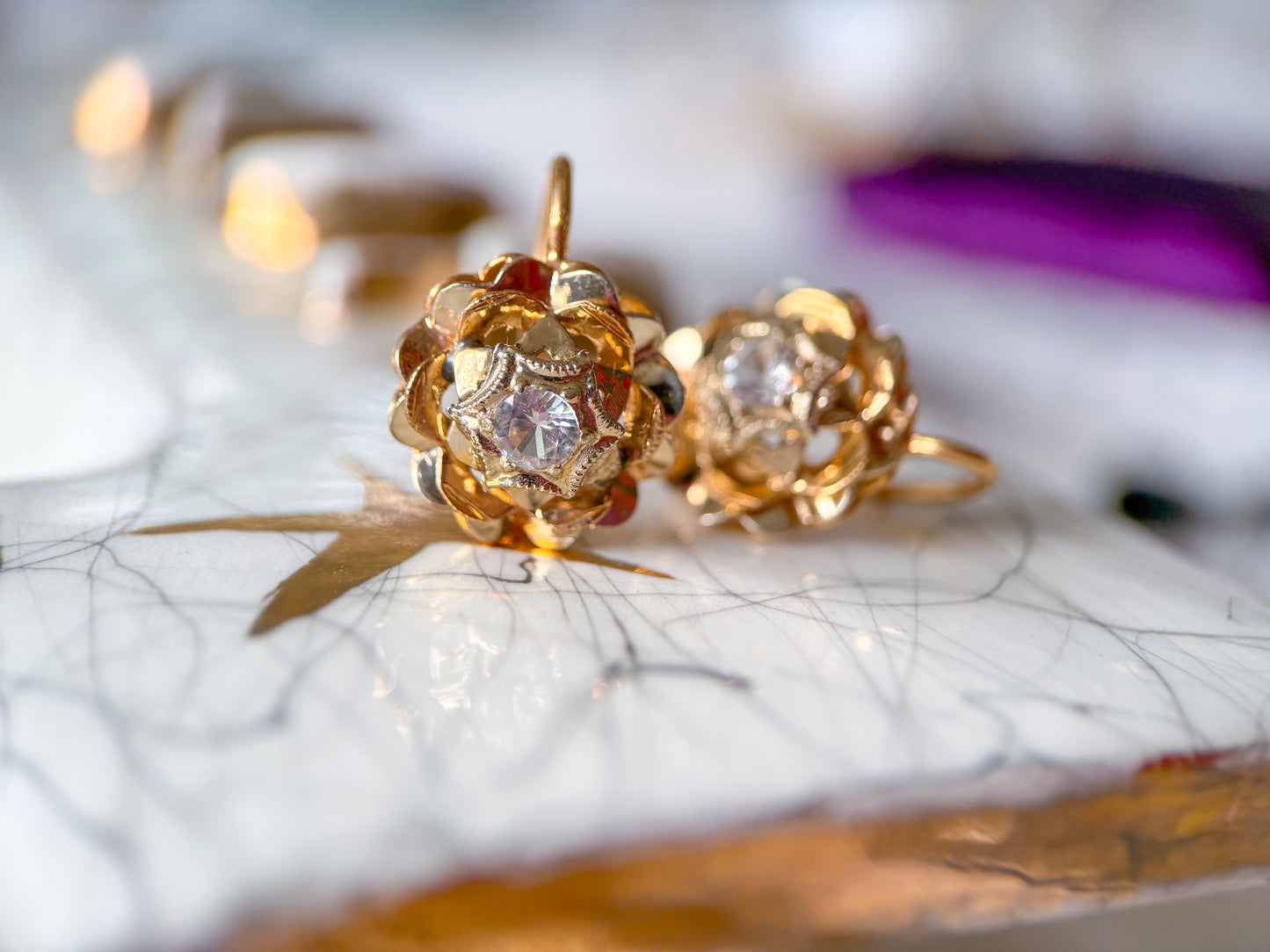 Vintage 18k Yellow Gold Earrings with CZ