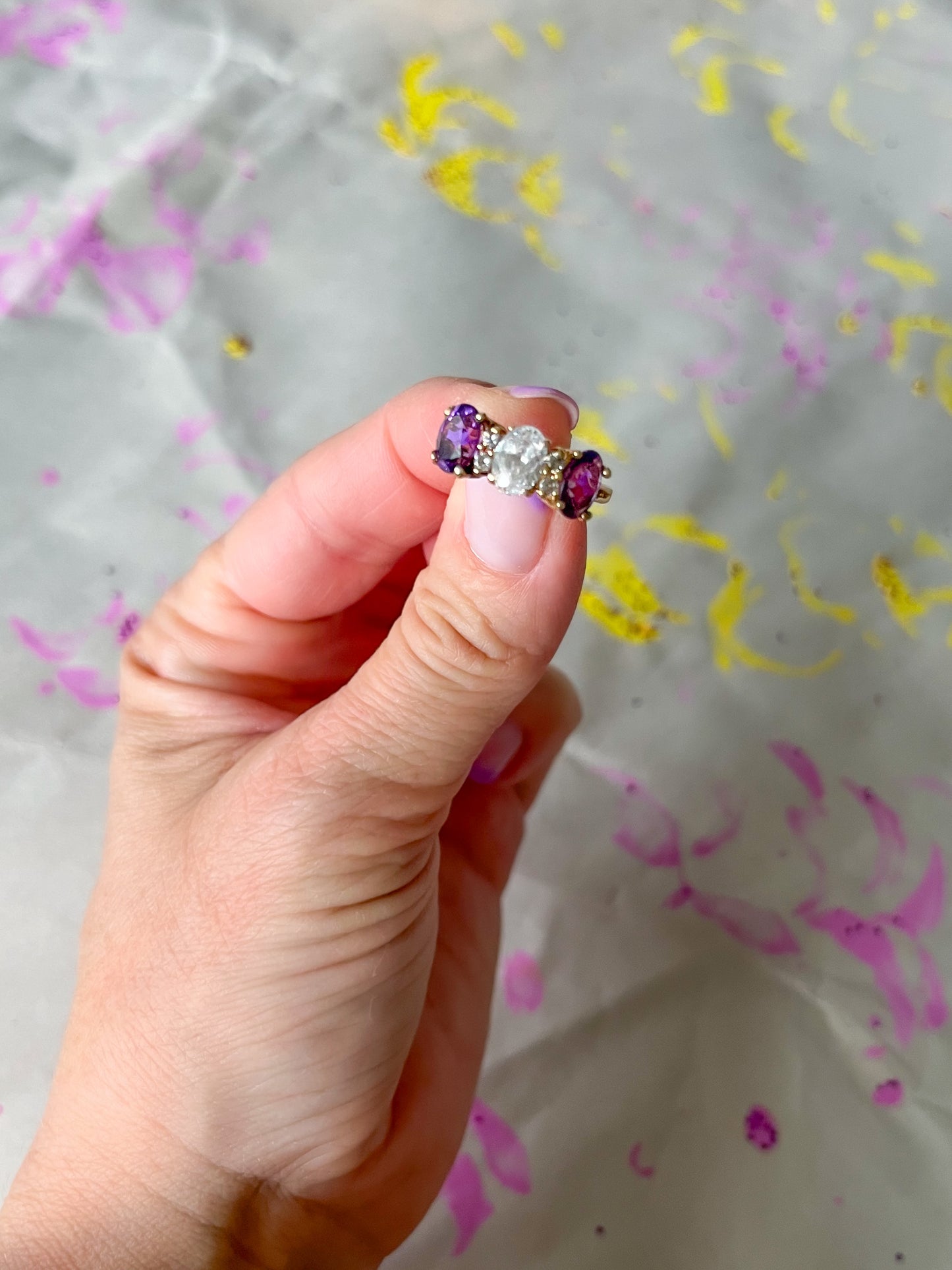 Vintage Natural Amethyst and CZ Three Stone Ring with Natural Diamonds 14k Yellow Gold