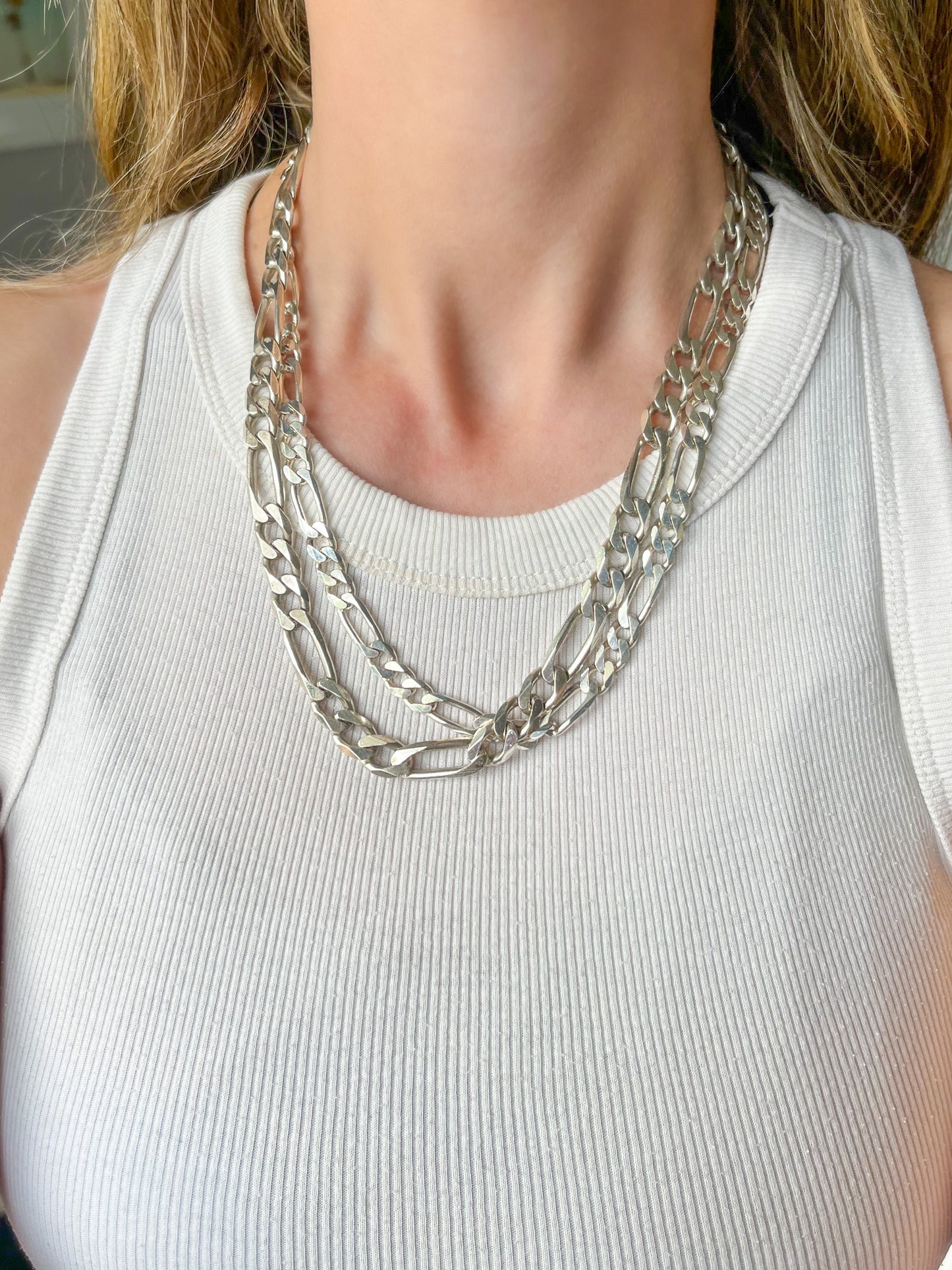 Vintage Chunky Figaro Chain Sterling Silver 20 Inch Chain Necklace, circa 1990s