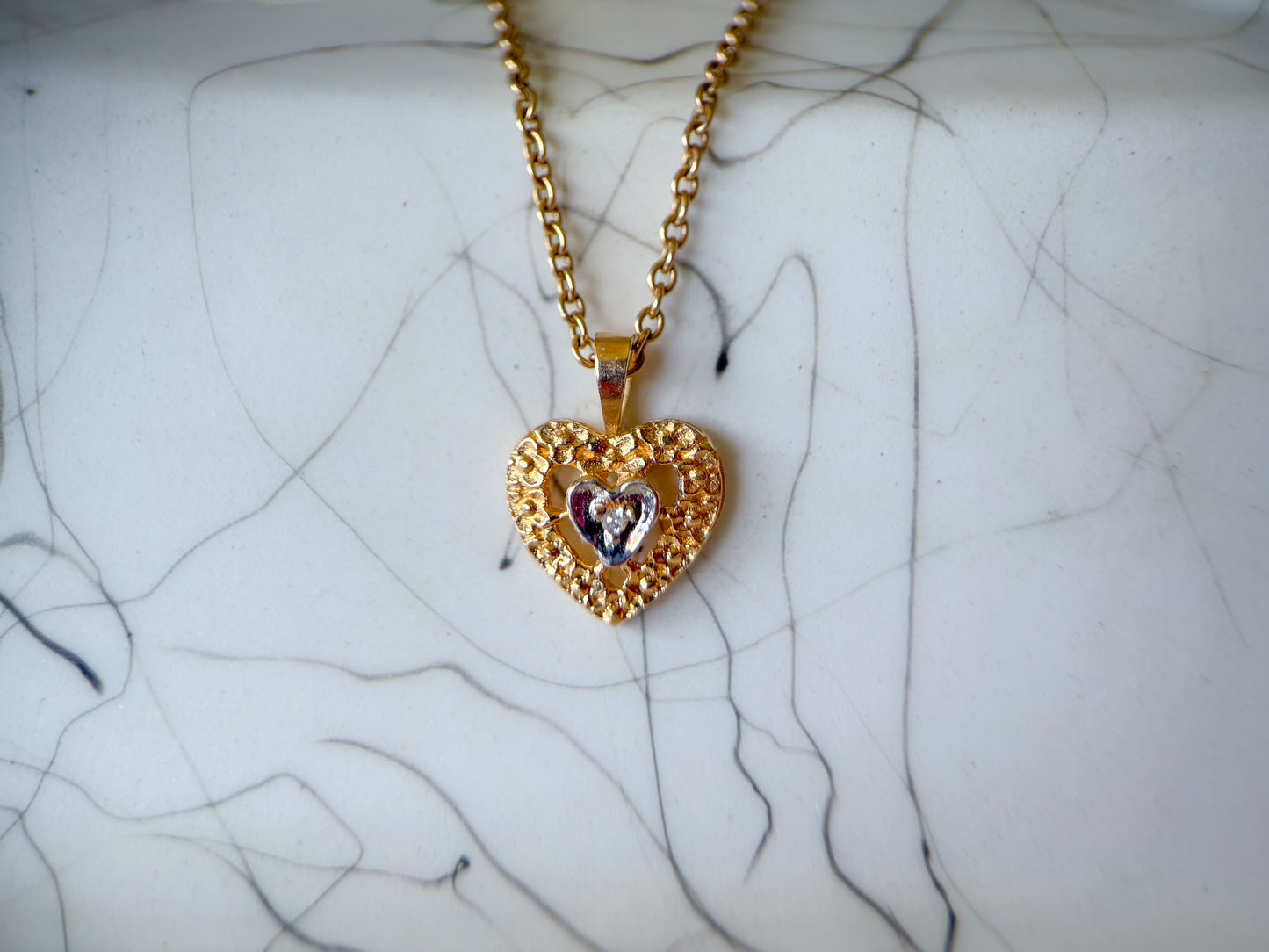 Vintage Nugget Heart with Natural Diamond 14k Yellow Gold Charm