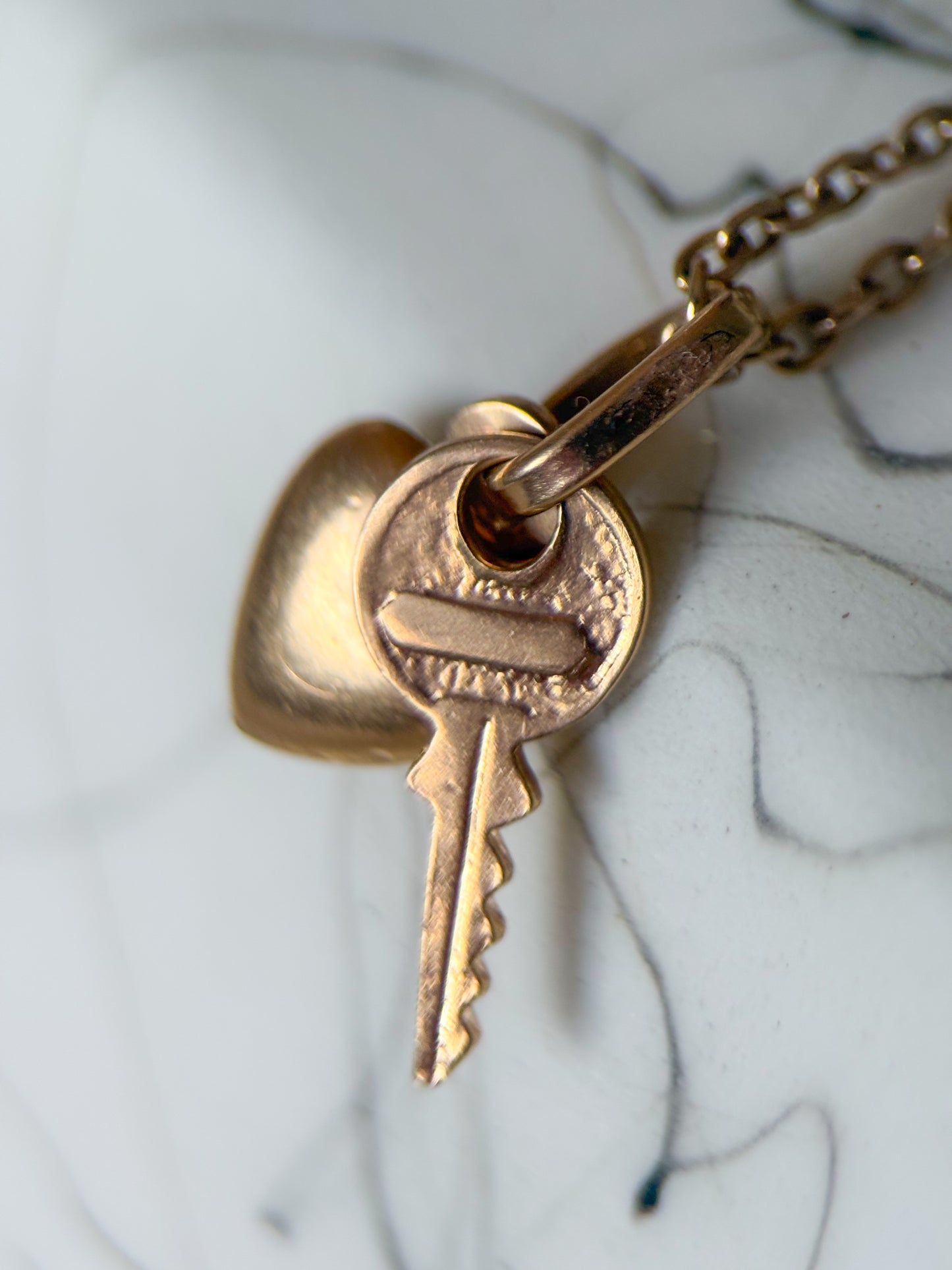 Vintage Mini Puffy Heart and Key 14k Yellow Gold Charm