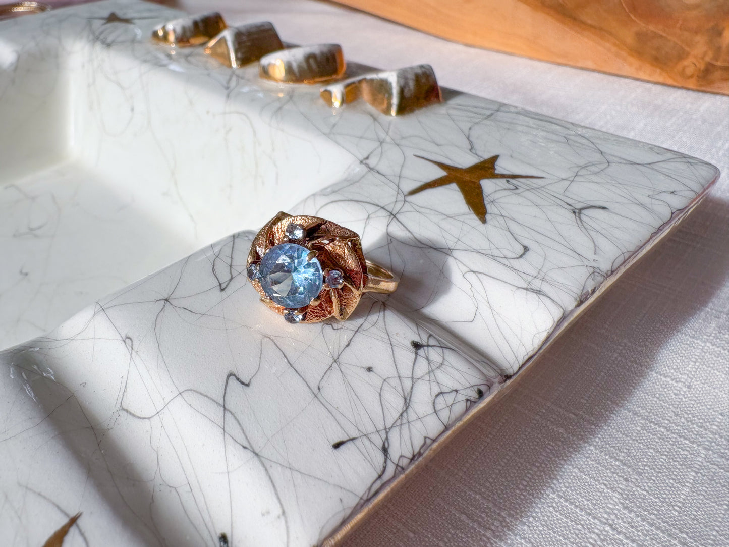 Vintage Natural Aquamarine Rose 14k Yellow Gold Ring