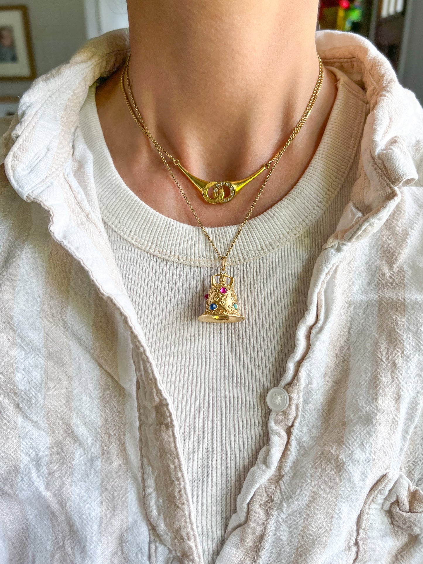 Vintage Bell with Gemstones and Pearls 14k Yellow Gold Charms, circa 1950s