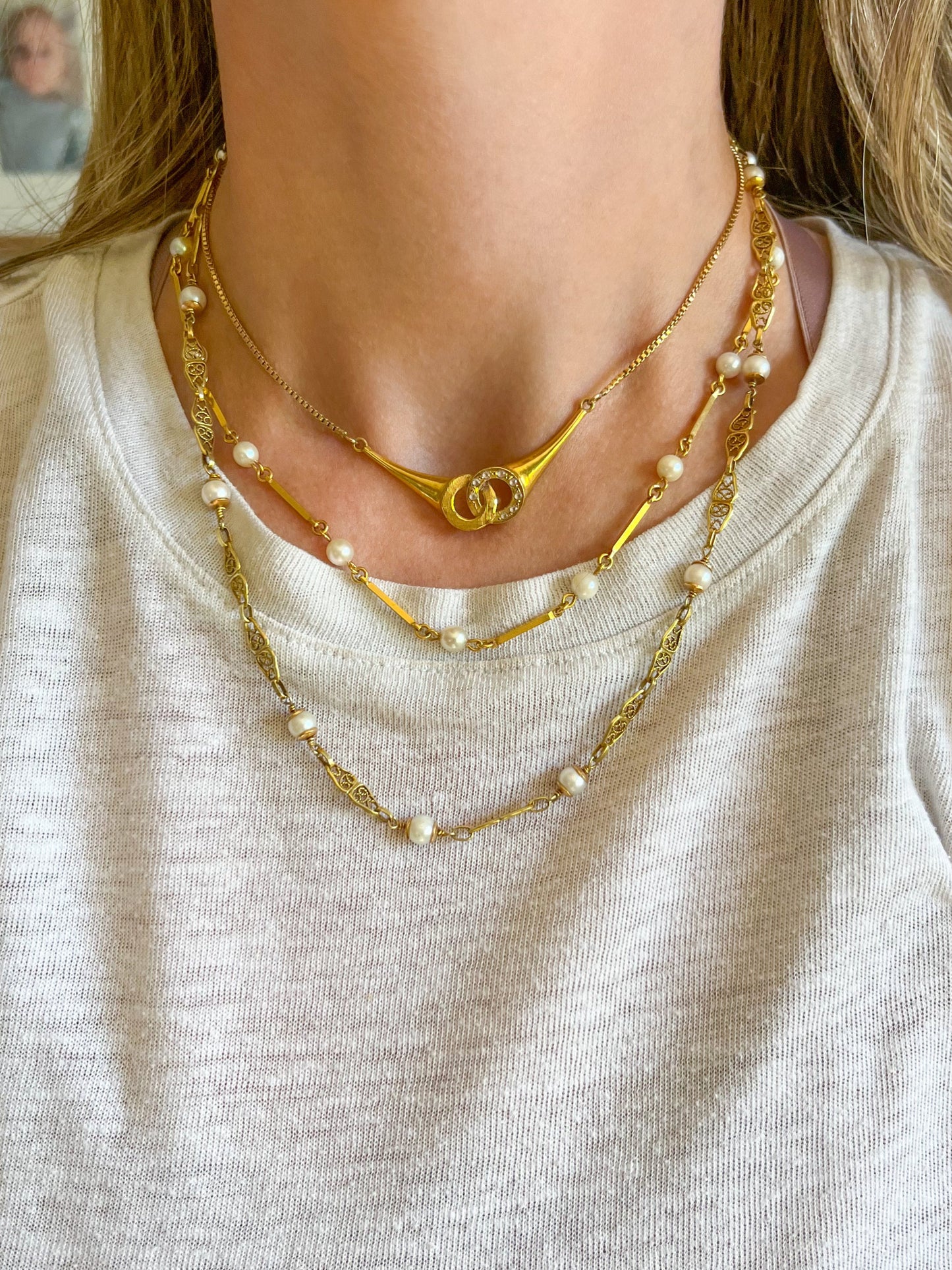 Vintage Pearl and Chain Necklaces in 14k and 18k Yellow Gold