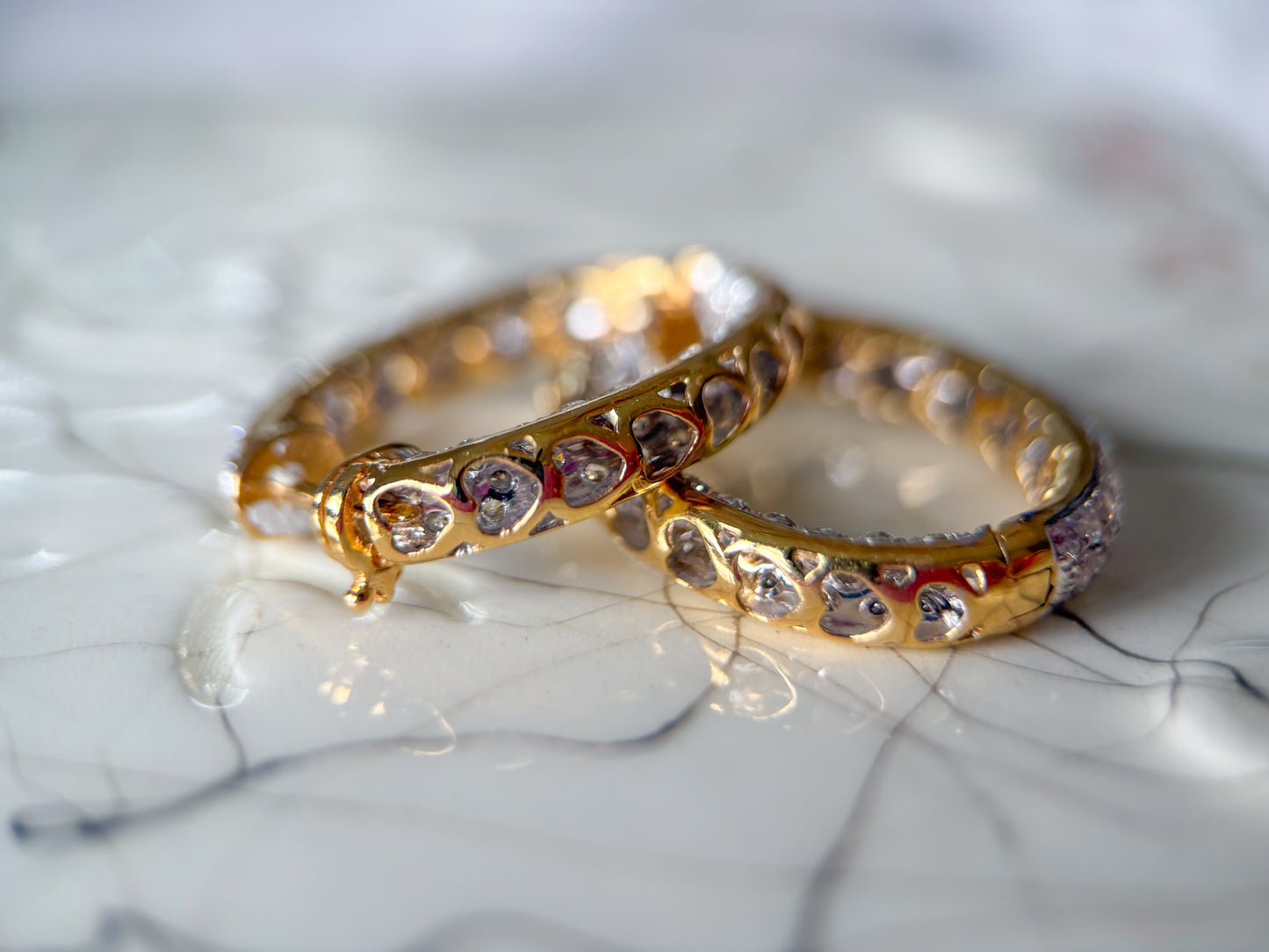 Natural Diamond Encrusted 14k Yellow Gold Large Oval Hoops with Heart Cut Outs