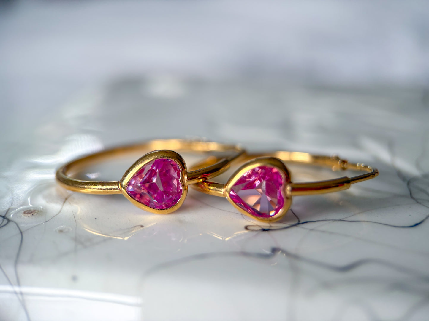 Vintage 18k Yellow Gold Thin Tube Hoops with Pink Heart Stones