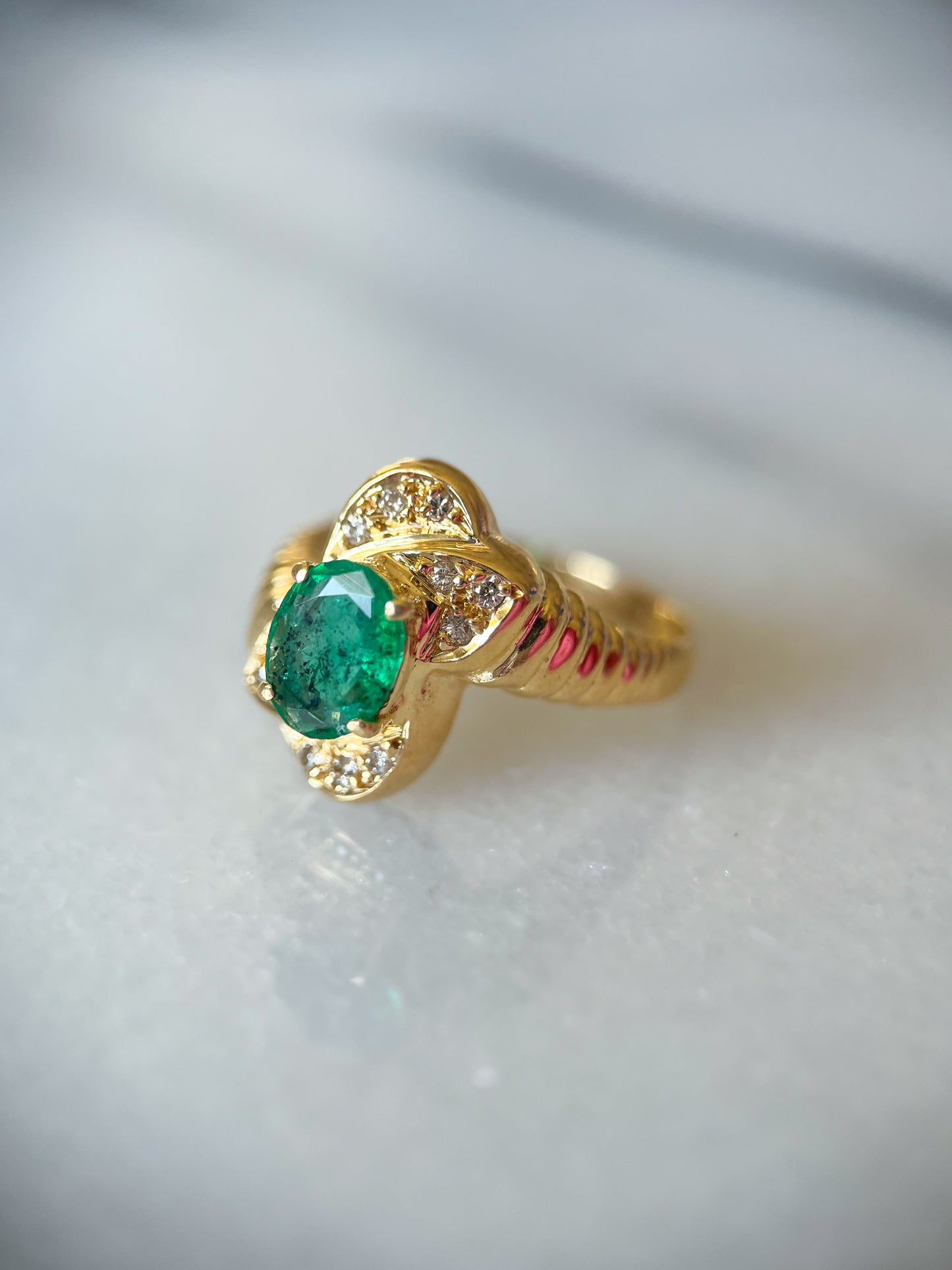 Vintage Natural Emerald and Diamond 14k Yellow Gold Ring