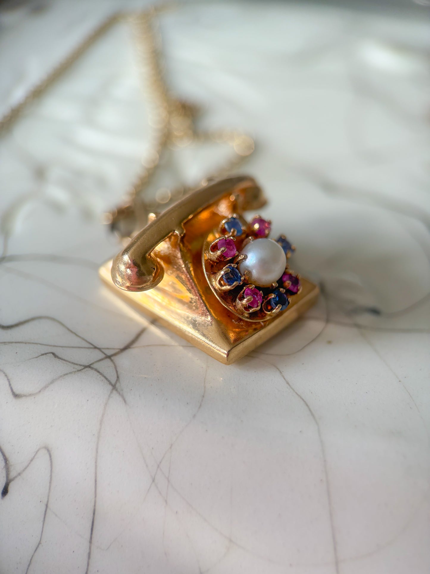 Vintage Telephone with Natural Rubies, Sapphires and a Pearl 14k Yellow Gold Charm
