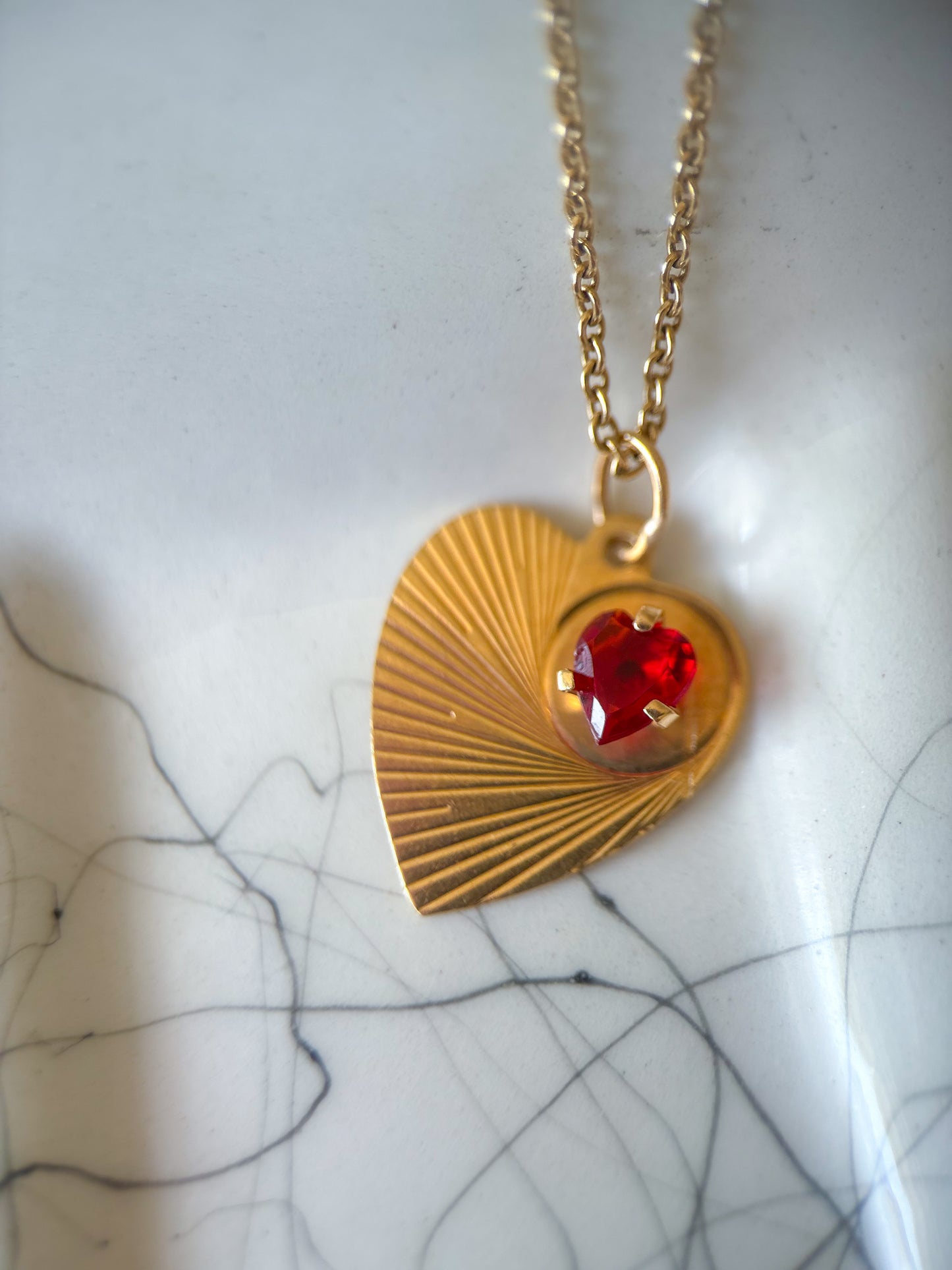 Vintage Engine Turned Heart 14k Yellow Gold Charm with Red Stone