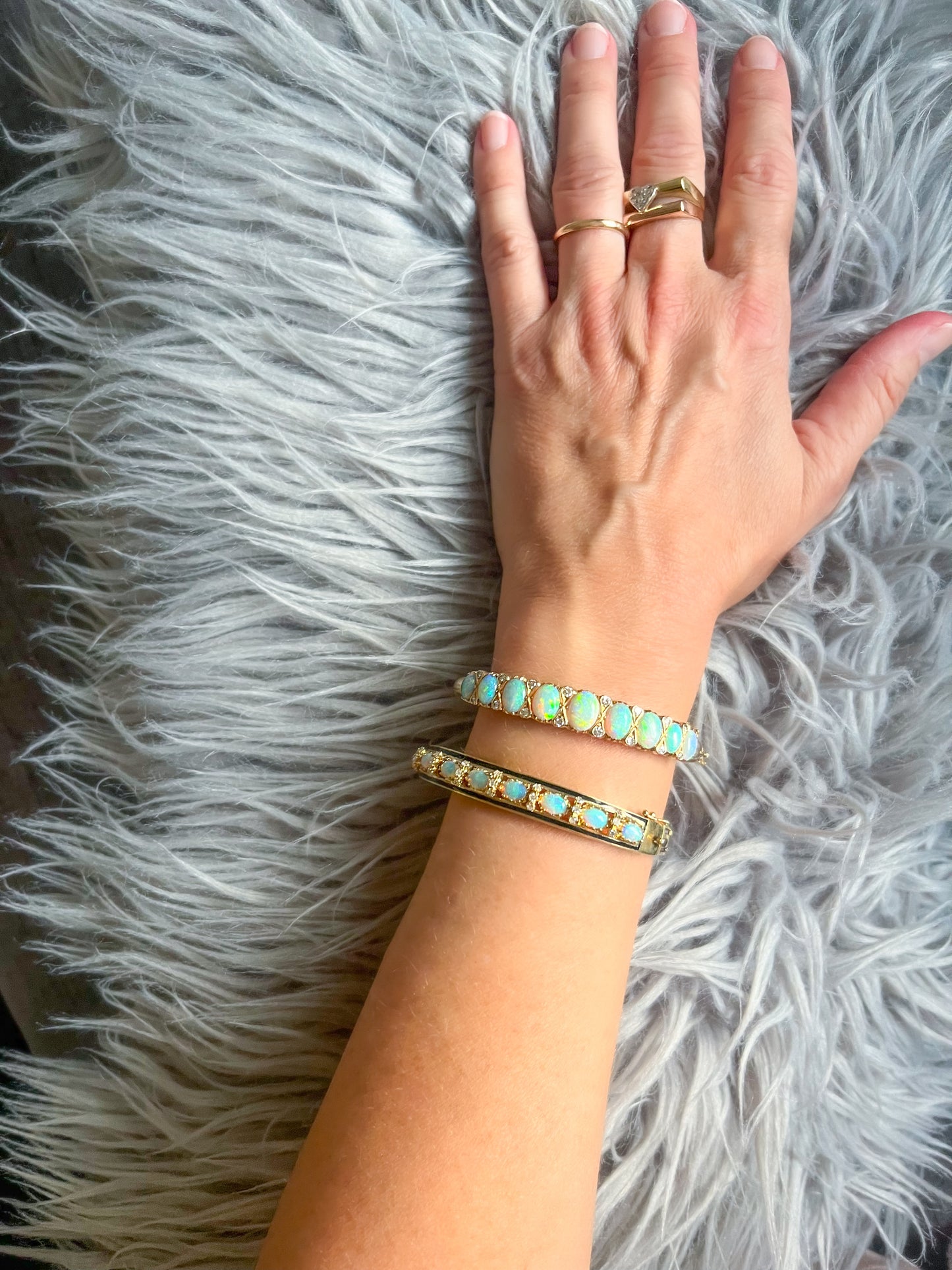 Vintage Opal, Natural Diamond and Enamel 14k Yellow Gold Bangle