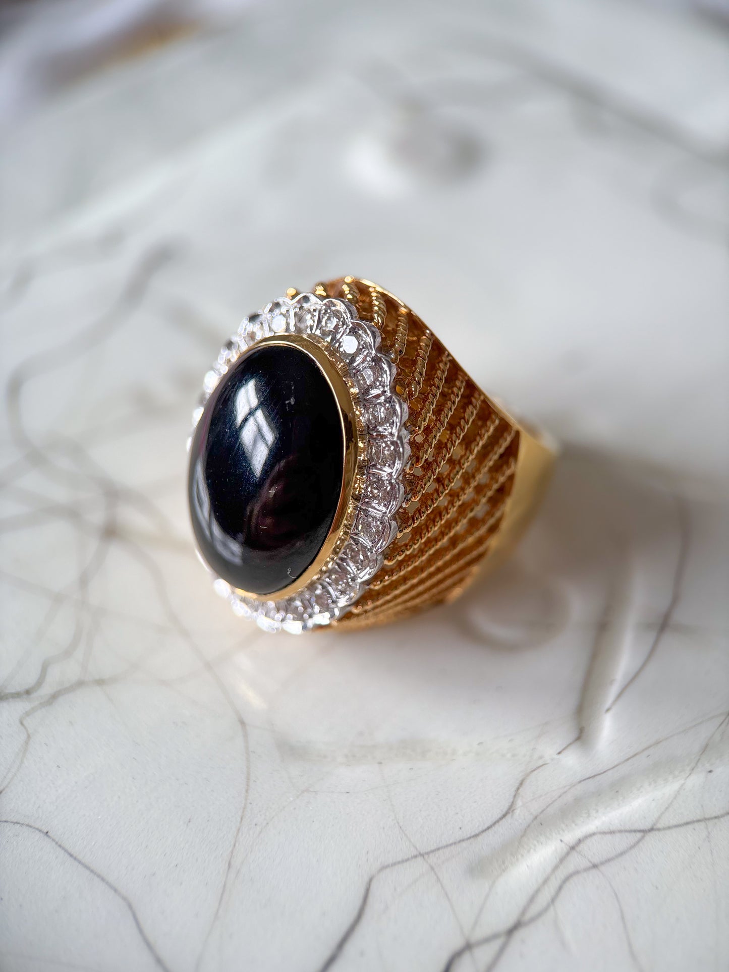 Vintage Onyx and Natural Diamond 18k Yellow Gold Statement Ring