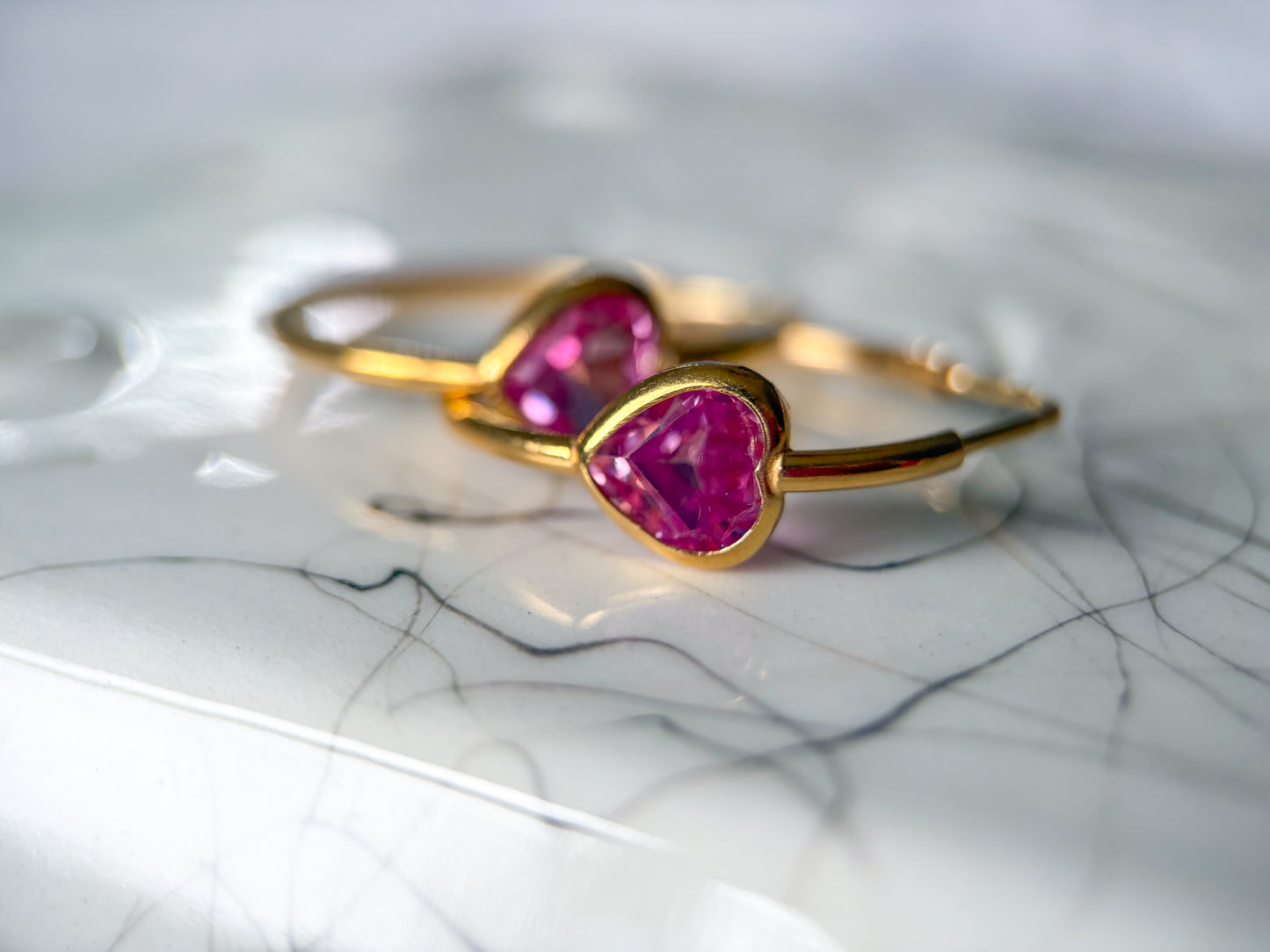 Vintage 18k Yellow Gold Thin Tube Hoops with Pink Heart Stones