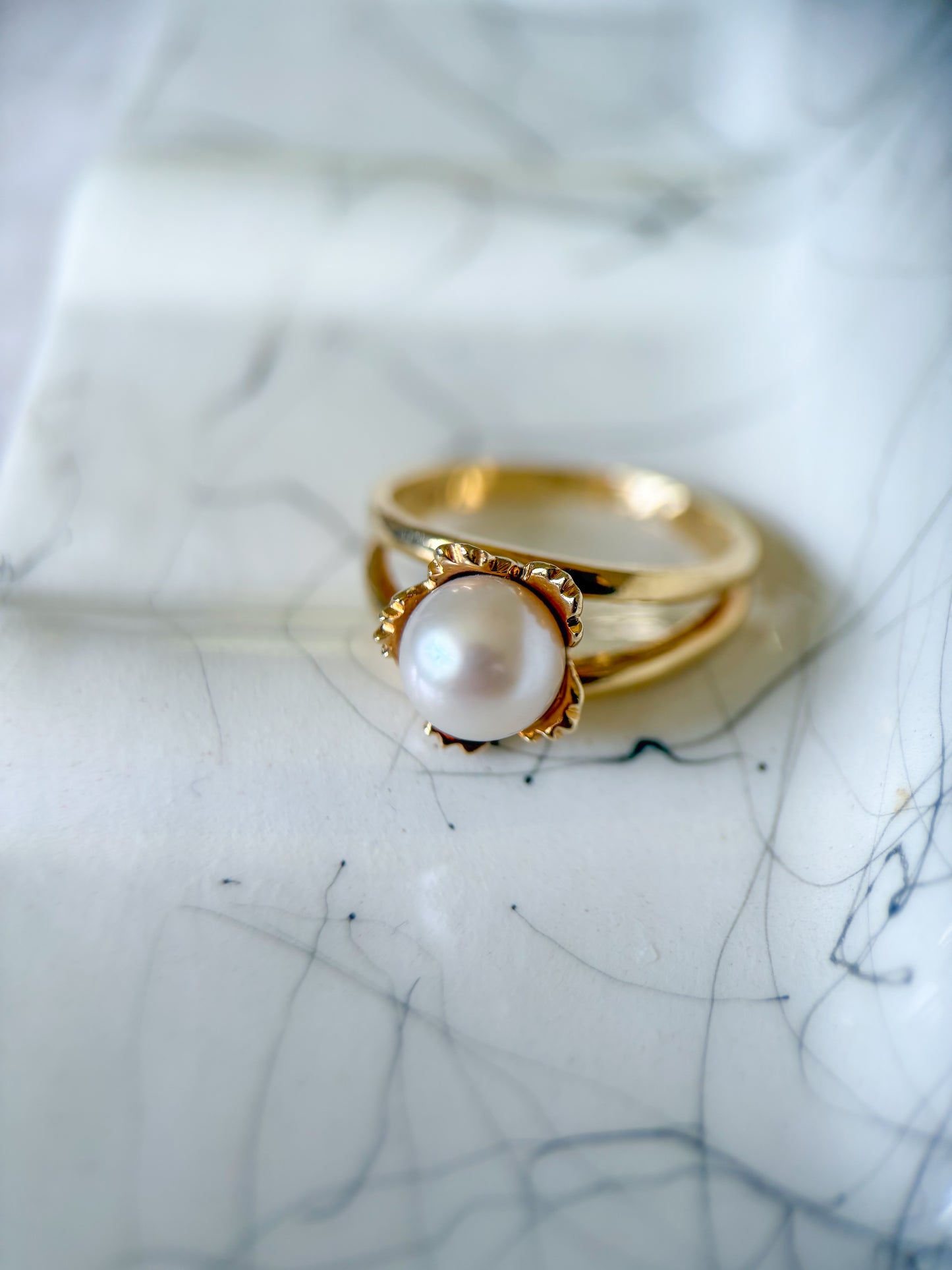 Vintage Natural Pearl 14k Yellow Gold Double Shank Ring