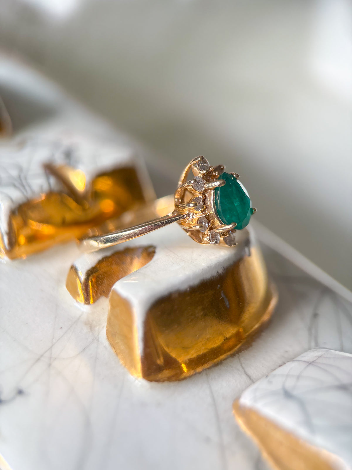 Vintage Pear Shaped Natural Emerald and Diamond 14k Yellow Gold Ring