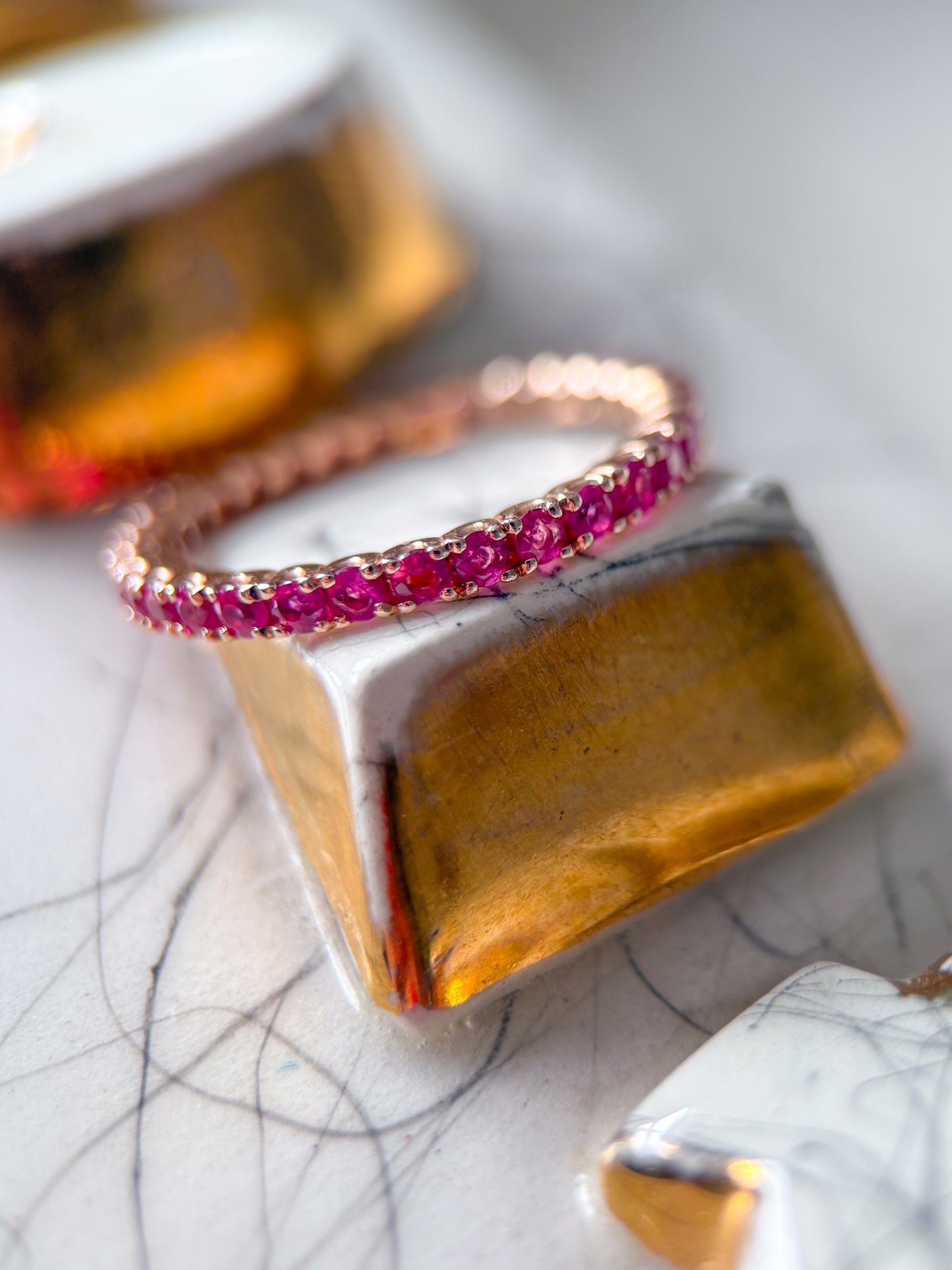 Vintage Natural Pink Sapphire 14k Rose Gold Eternity Band, size 6 1/4