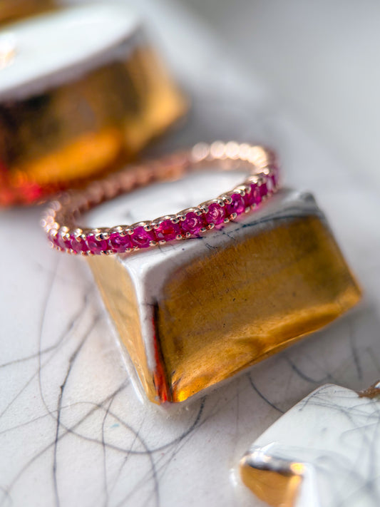 Vintage Natural Pink Sapphire 14k Rose Gold Eternity Band, size 6 1/4
