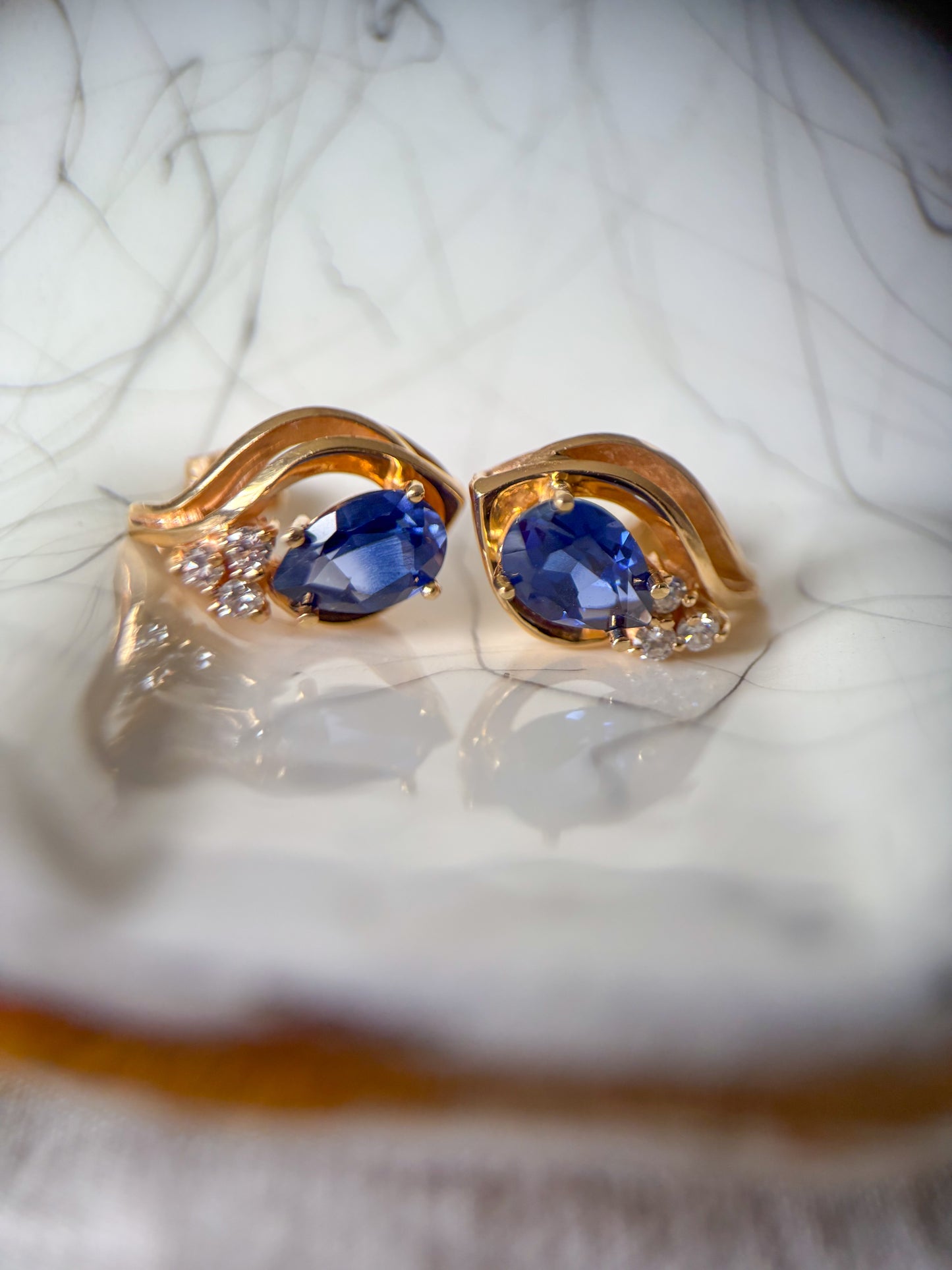 Vintage Natural Diamonds with Synthetic Blue Stone 14k Yellow Gold Earrings